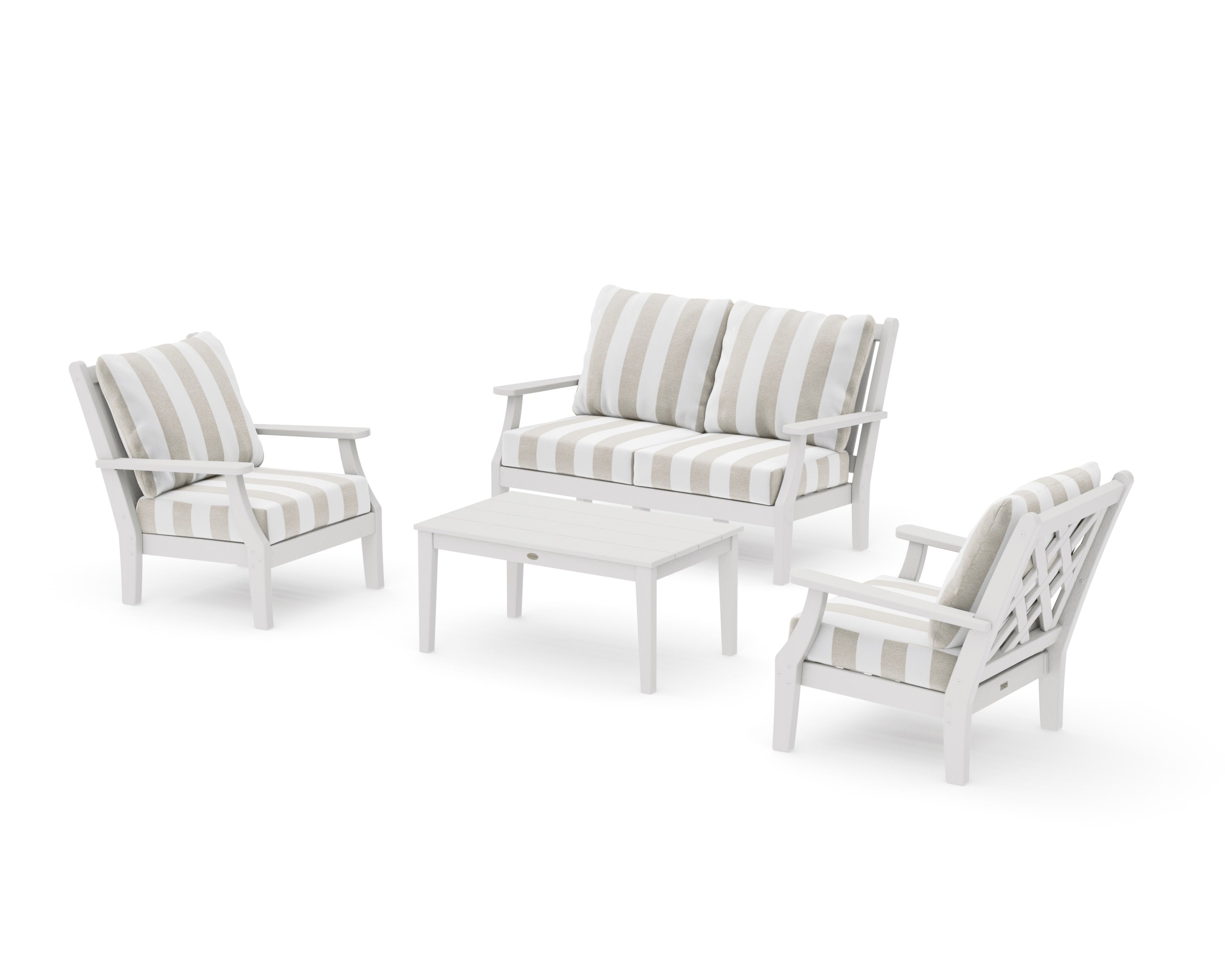 Wovendale 4-Piece Deep Seating Set with Loveseat in Vintage White / Cabana Stripe Dune Burlap