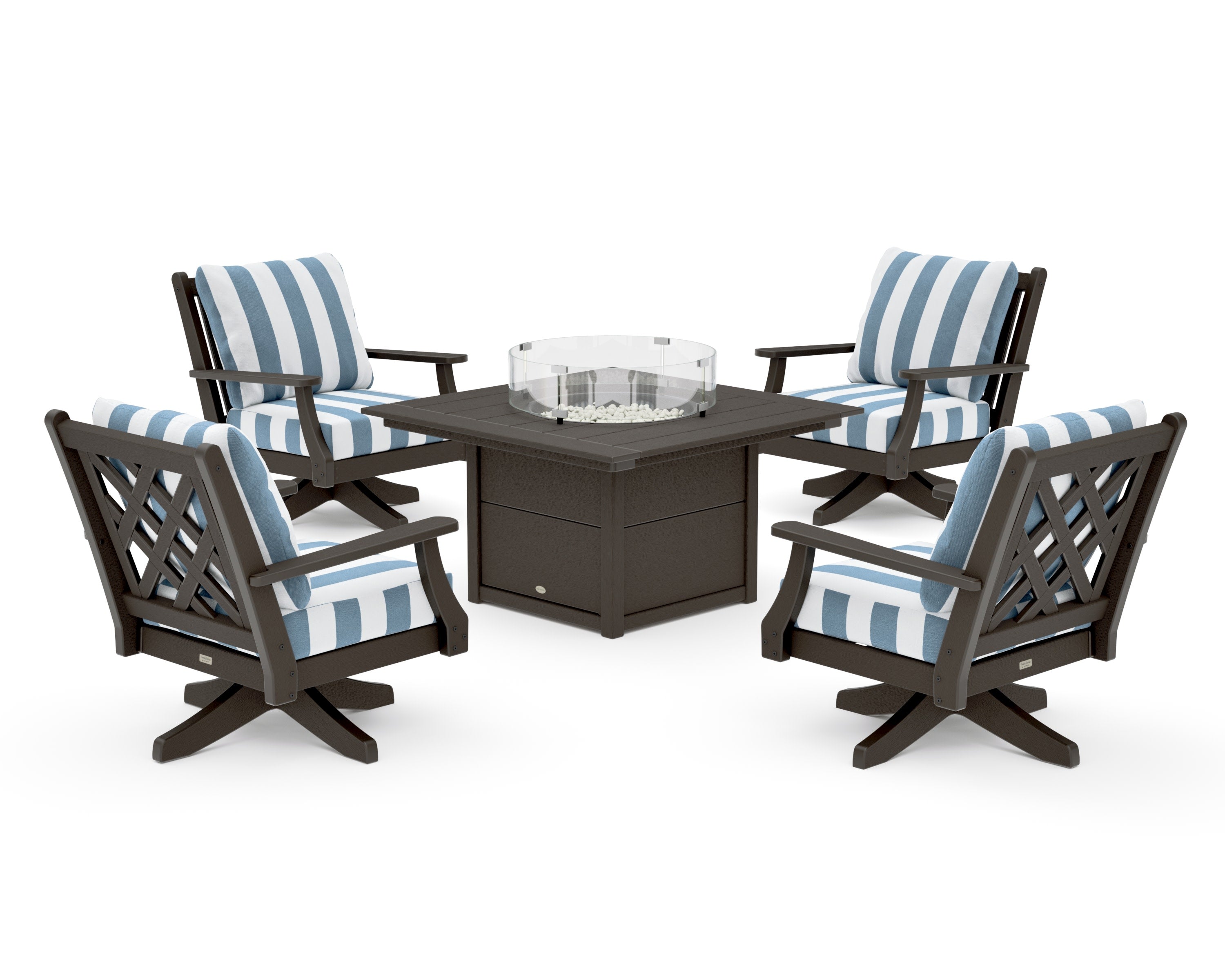 Wovendale 5-Piece Deep Seating Swivel Conversation Set with Fire Pit Table in Vintage Coffee / Cabana Stripe Sky Blue
