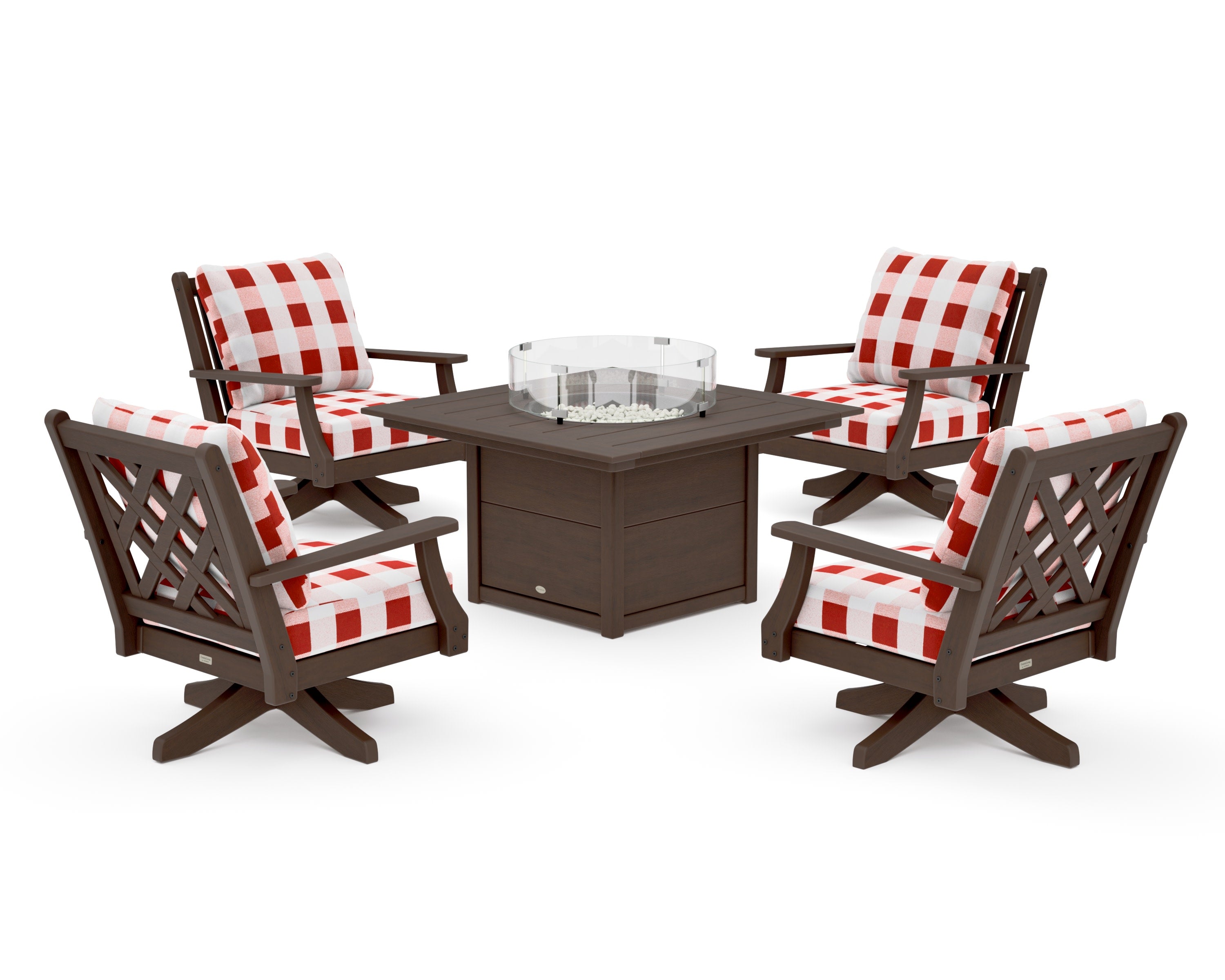 Wovendale 5-Piece Deep Seating Swivel Conversation Set with Fire Pit Table in Kona / Buffalo Plaid Crimson