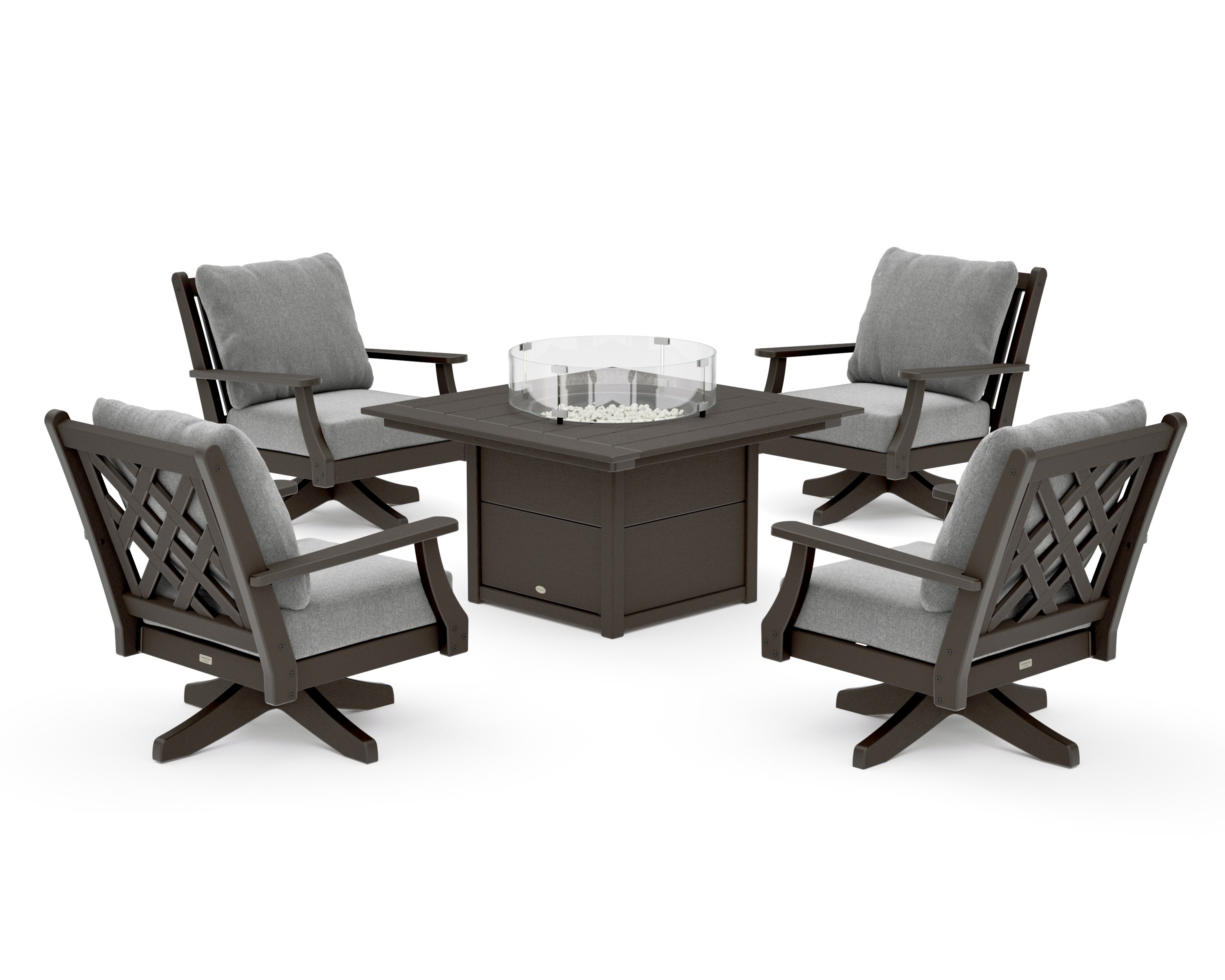 Wovendale 5-Piece Deep Seating Swivel Conversation Set with Fire Pit Table in Vintage Coffee / Grey Mist