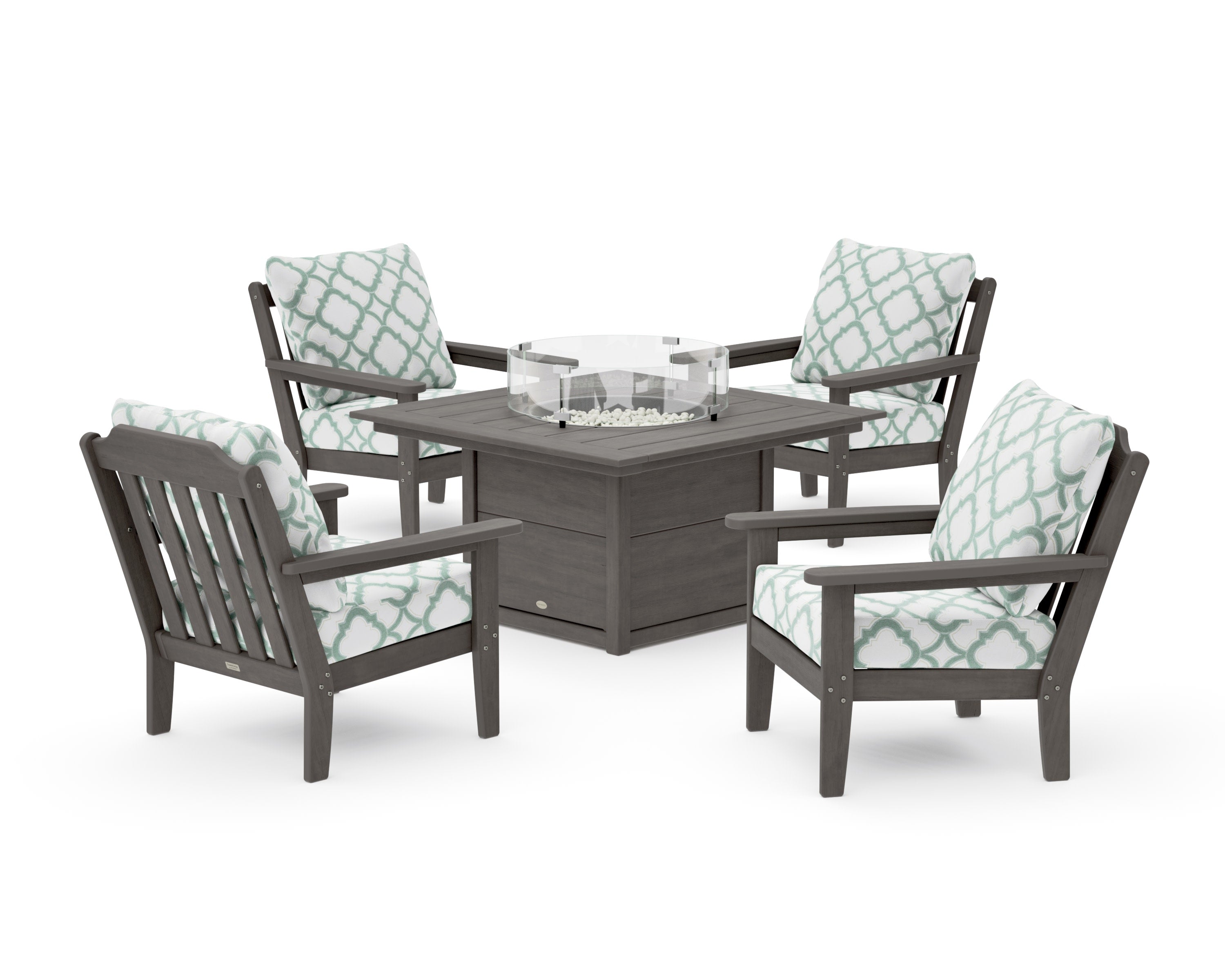 Cottage 5-Piece Deep Seating Set with Fire Pit Table in Driftwood / Trellis Glacier Spa