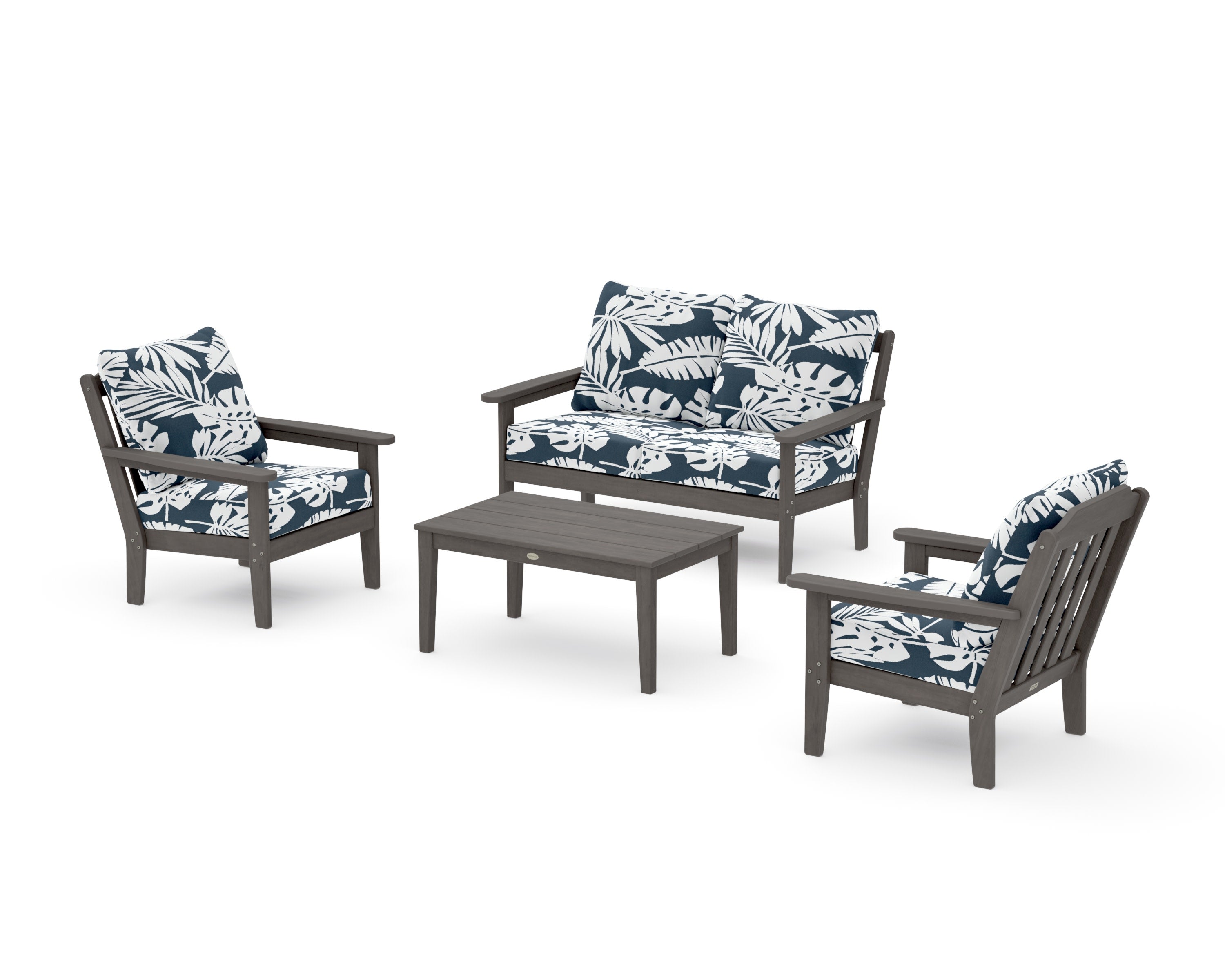 Cottage 4-Piece Deep Seating Set with Loveseat in Driftwood / Leaf Marine Indigo