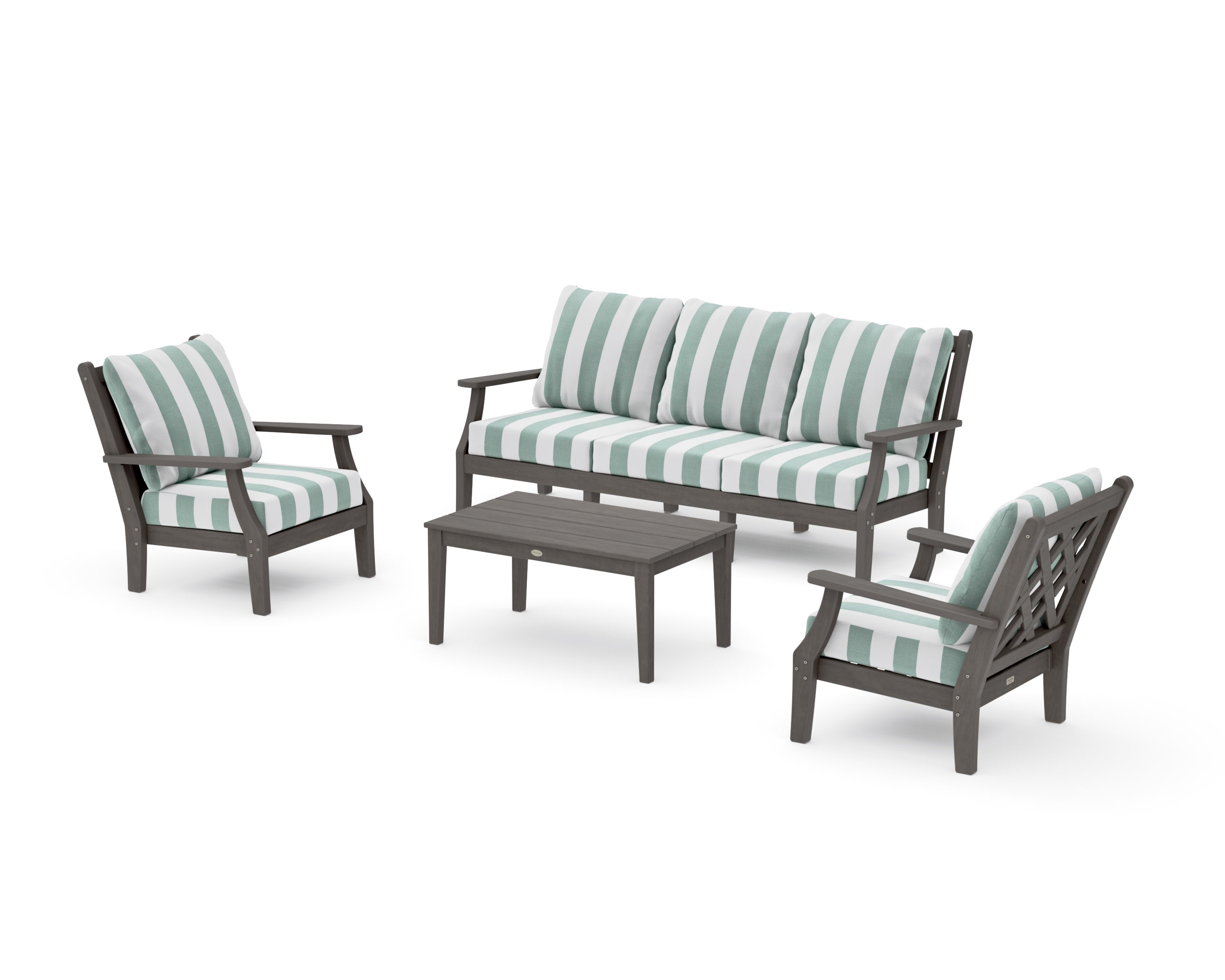 Wovendale 4-Piece Deep Seating Set with Sofa in Driftwood / Cabana Stripe Glacier Spa