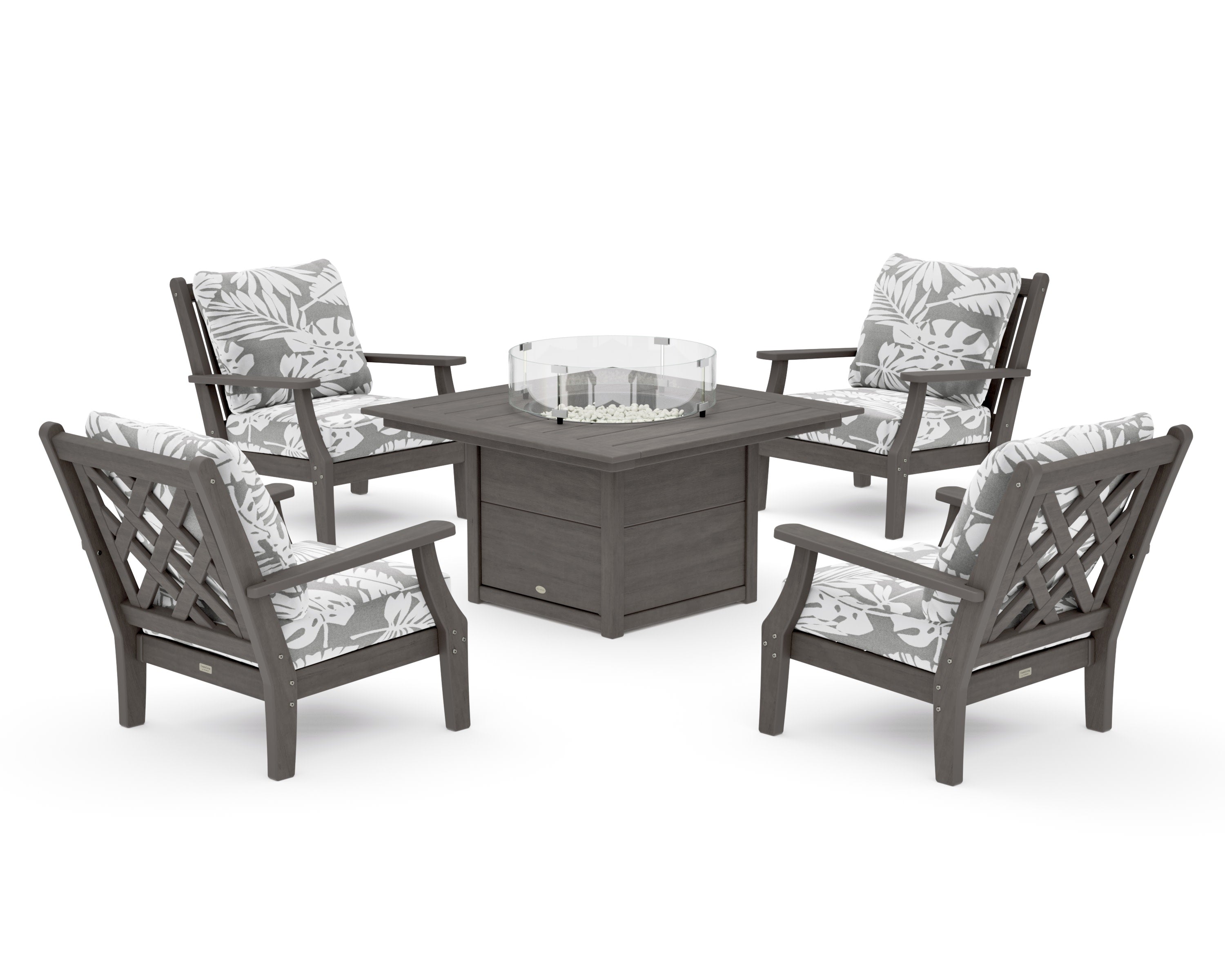 Wovendale 5-Piece Deep Seating Set with Fire Pit Table in Driftwood / Leaf Grey Mist
