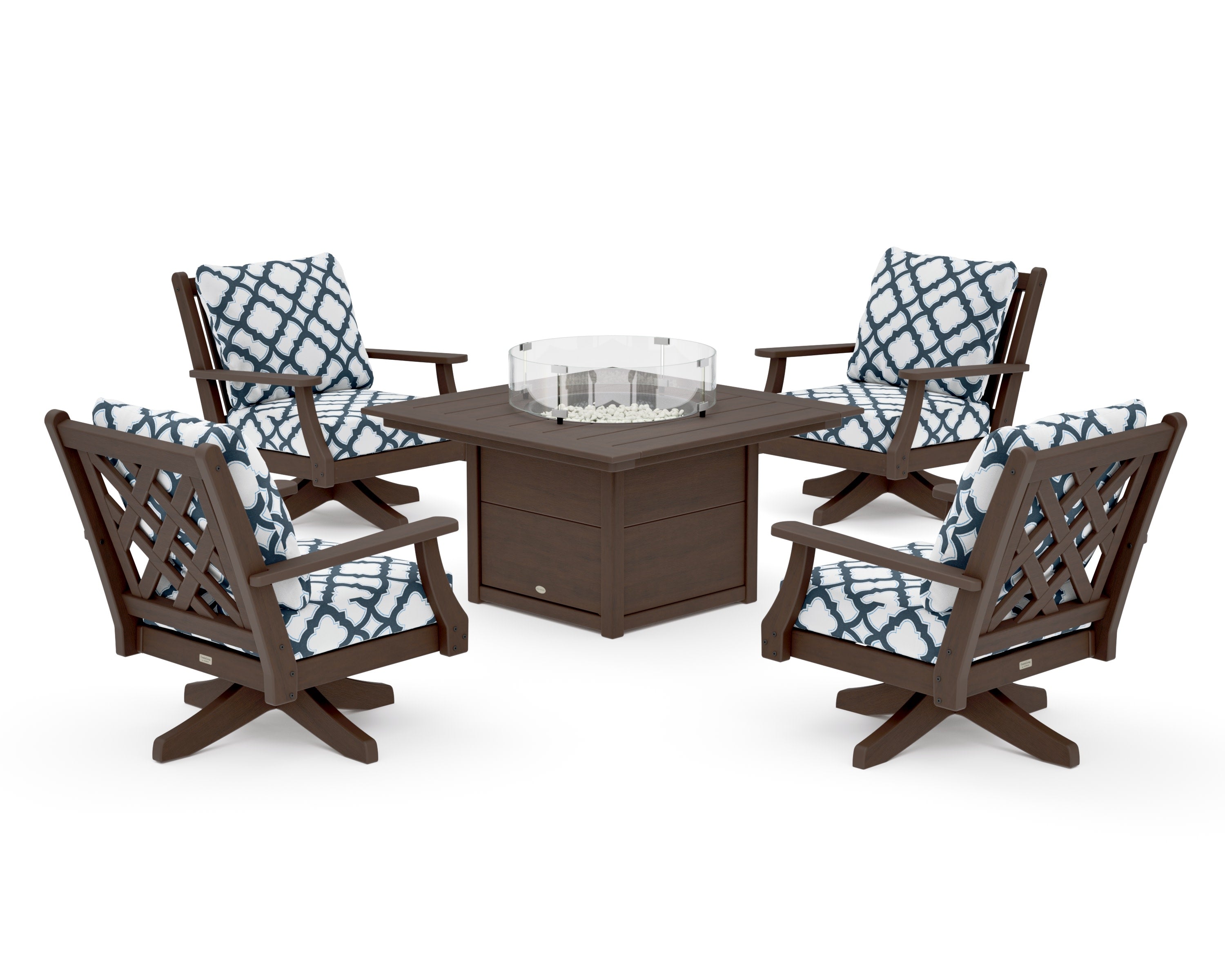 Wovendale 5-Piece Deep Seating Swivel Conversation Set with Fire Pit Table in Kona / Trellis Marine Indigo