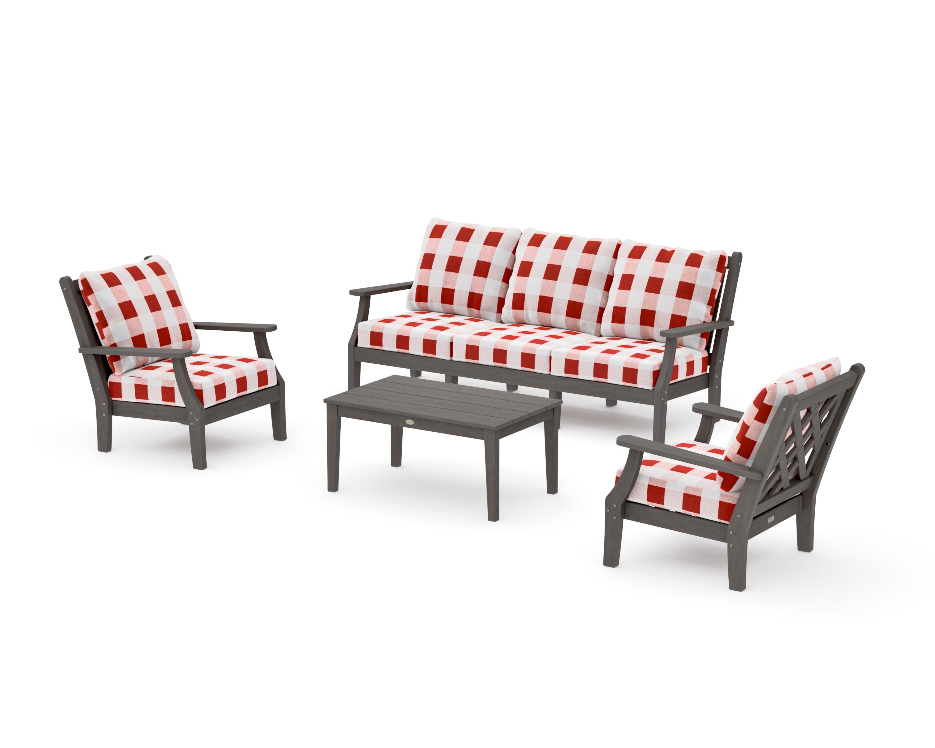 Wovendale 4-Piece Deep Seating Set with Sofa in Driftwood / Buffalo Plaid Crimson