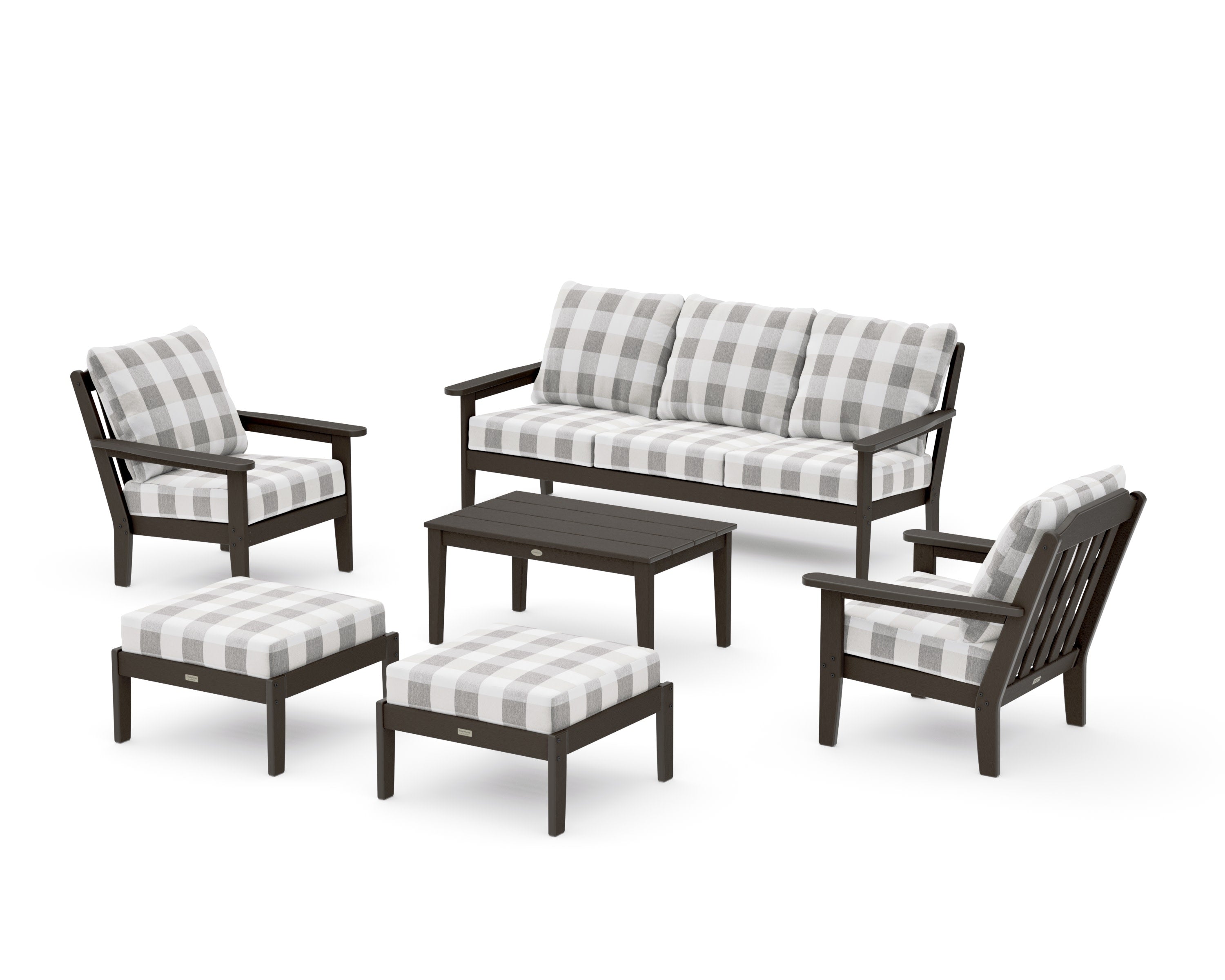 Cottage 6-Piece Lounge Sofa Set in Vintage Coffee / Buffalo Plaid Grey Mist