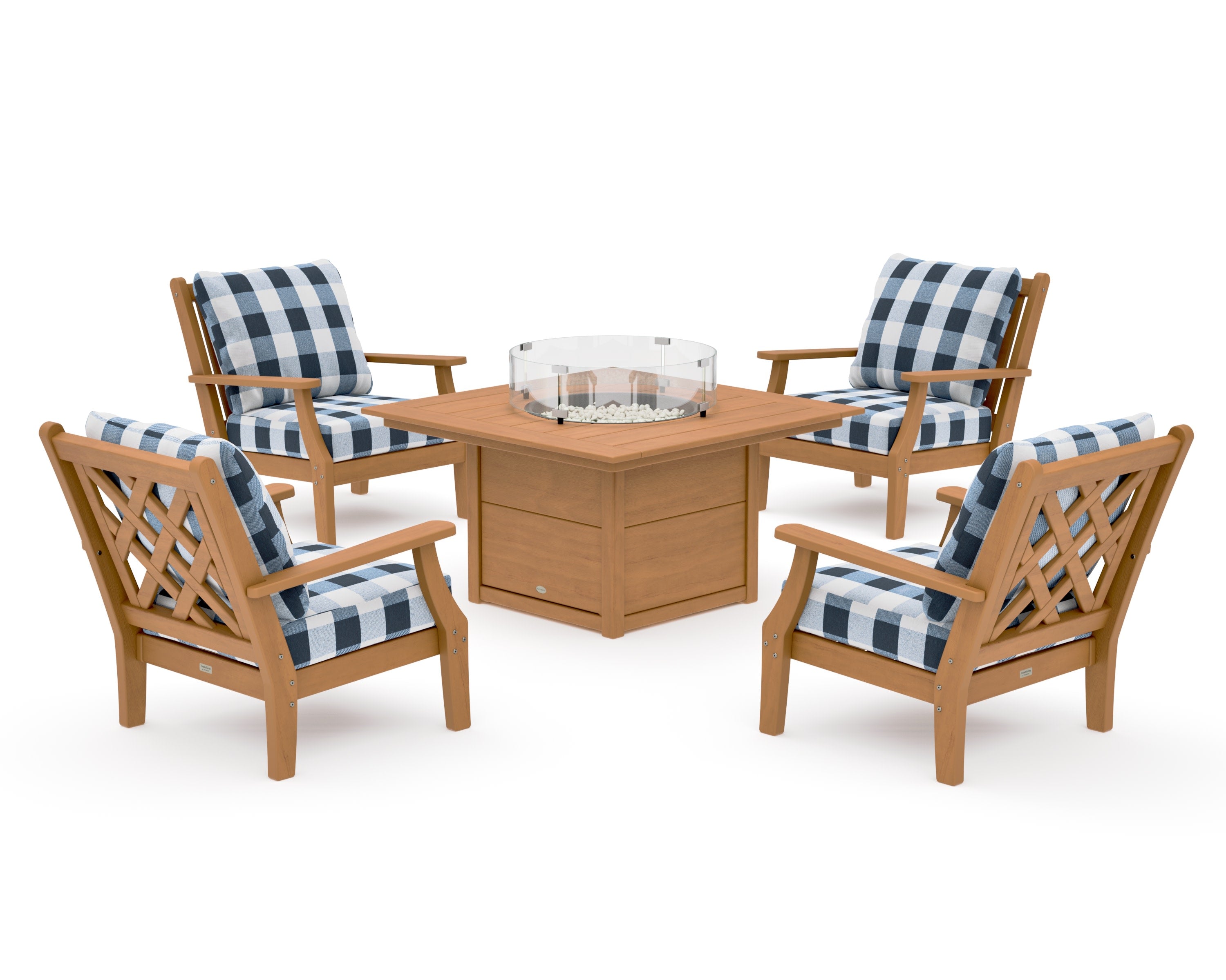 Wovendale 5-Piece Deep Seating Set with Fire Pit Table in Natural / Buffalo Plaid Marine Indigo