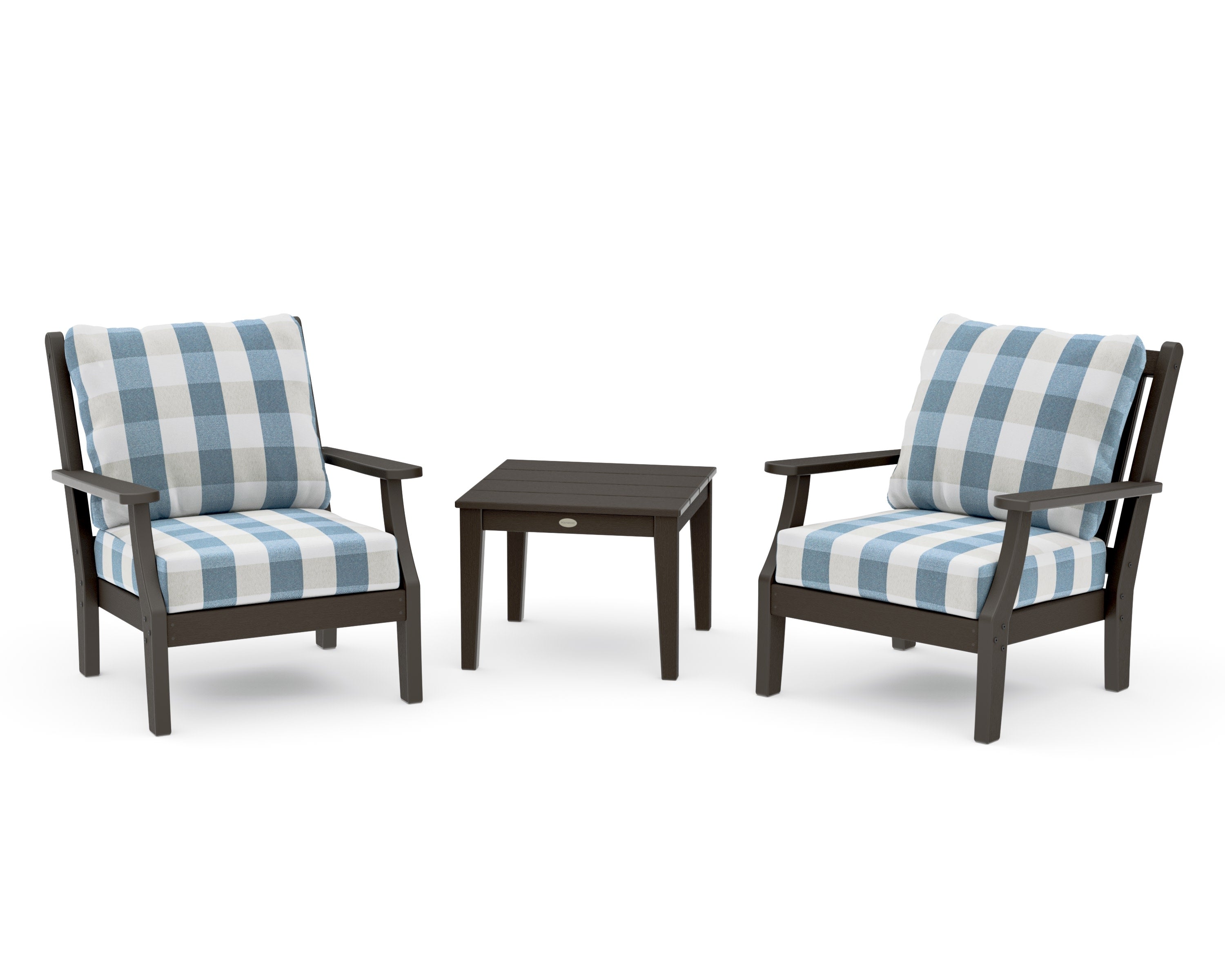 Wovendale 3-Piece Deep Seating Set in Vintage Coffee / Buffalo Plaid Sky Blue