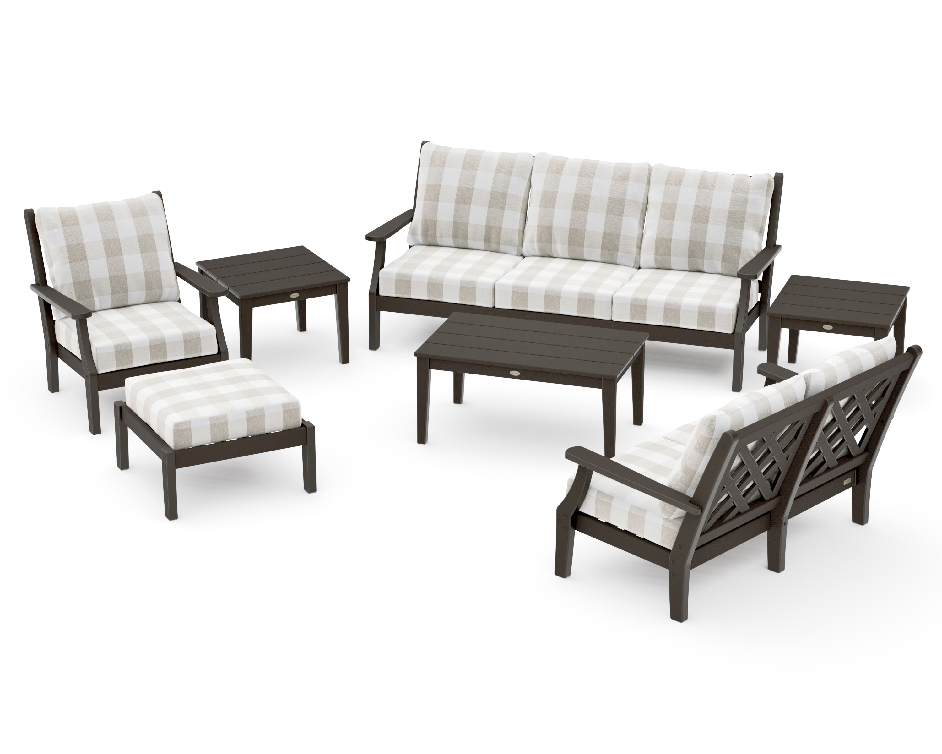 Wovendale 7-Piece Deep Seating Set in Vintage Coffee / Buffalo Plaid Dune Burlap