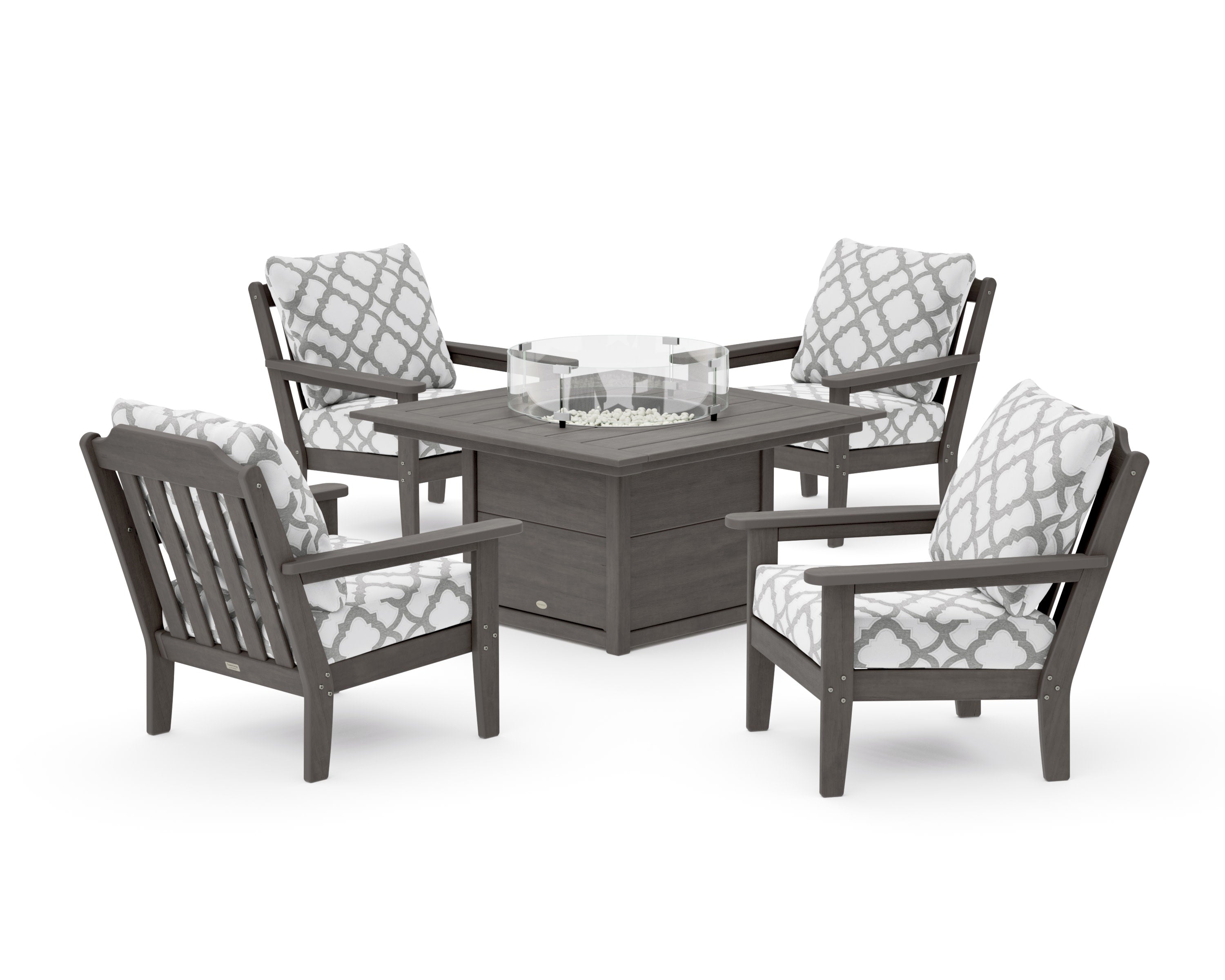 Cottage 5-Piece Deep Seating Set with Fire Pit Table in Driftwood / Trellis Grey Mist