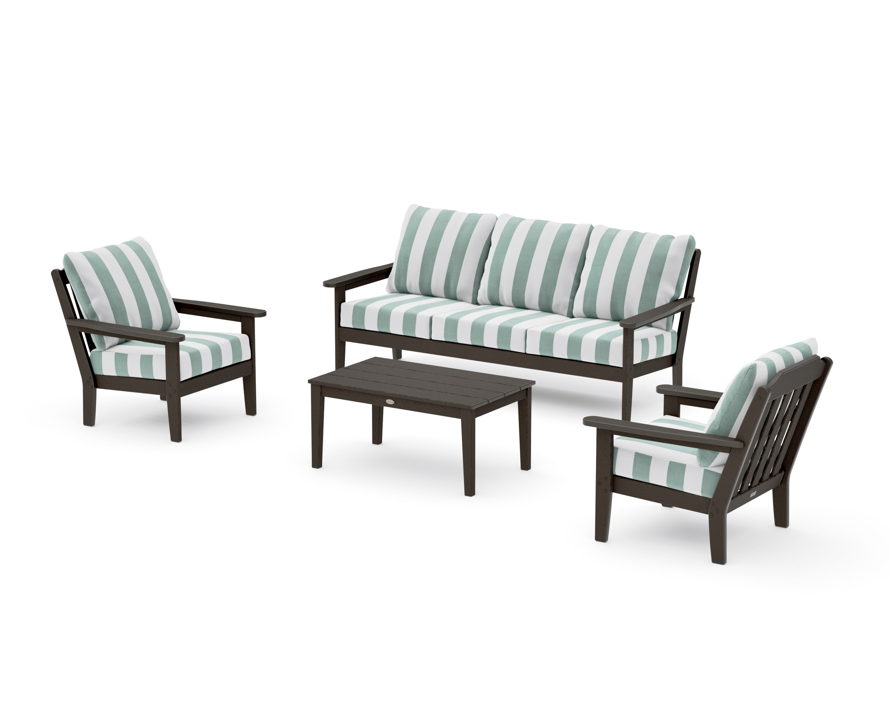 Cottage 4-Piece Deep Seating Set with Sofa in Vintage Coffee / Cabana Stripe Glacier Spa