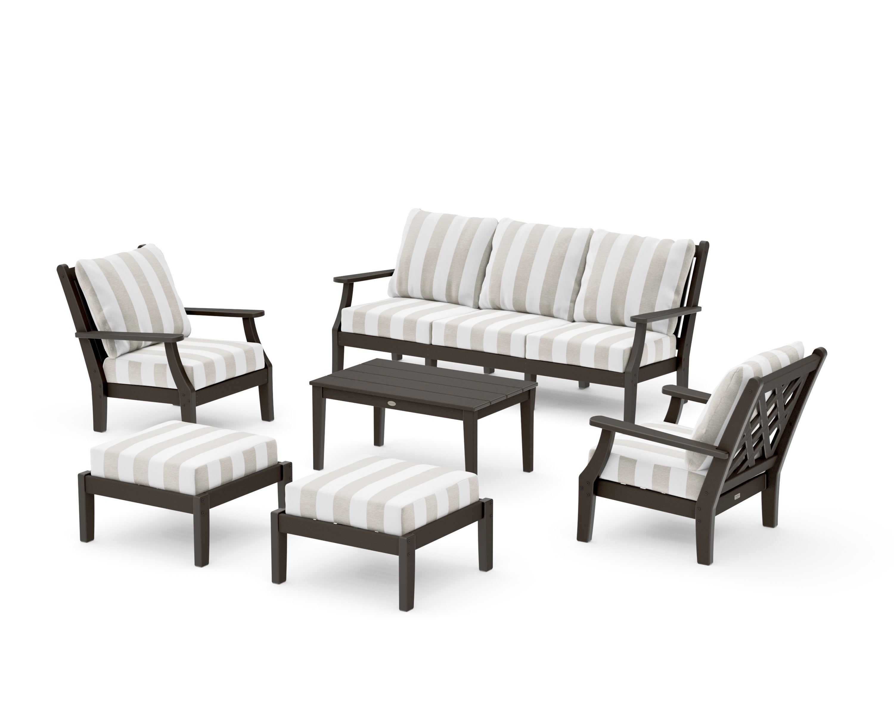 Wovendale 6-Piece Lounge Sofa Set in Vintage Coffee / Cabana Stripe Dune Burlap
