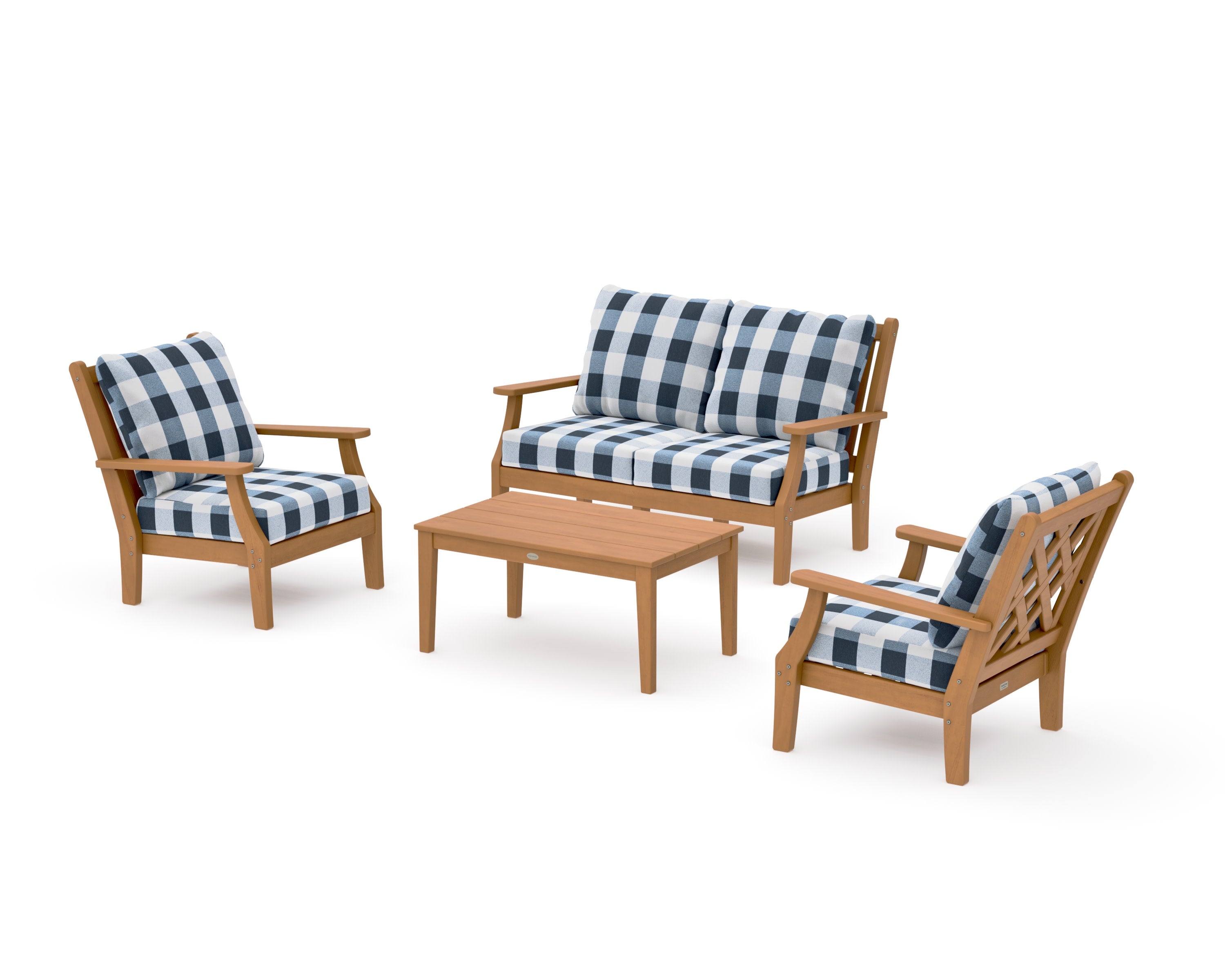 Wovendale 4-Piece Deep Seating Set with Loveseat in Natural / Buffalo Plaid Marine Indigo