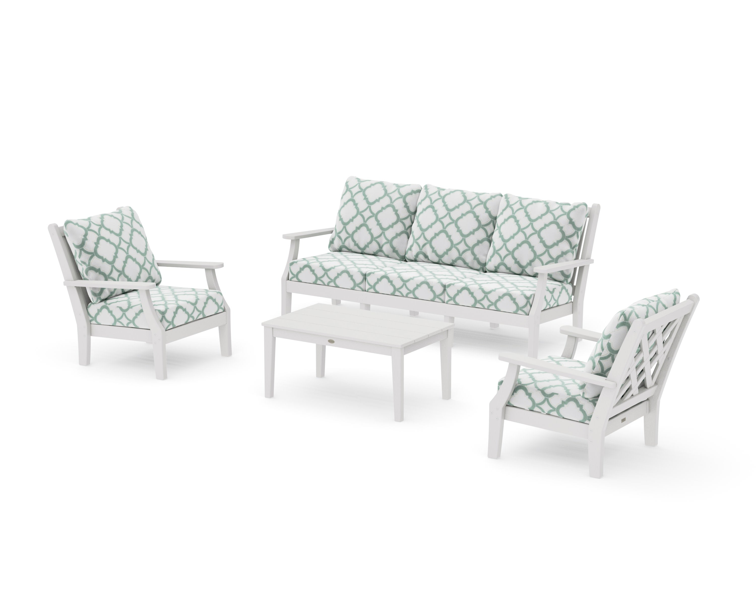 Wovendale 4-Piece Deep Seating Set with Sofa in Vintage White / Trellis Glacier Spa