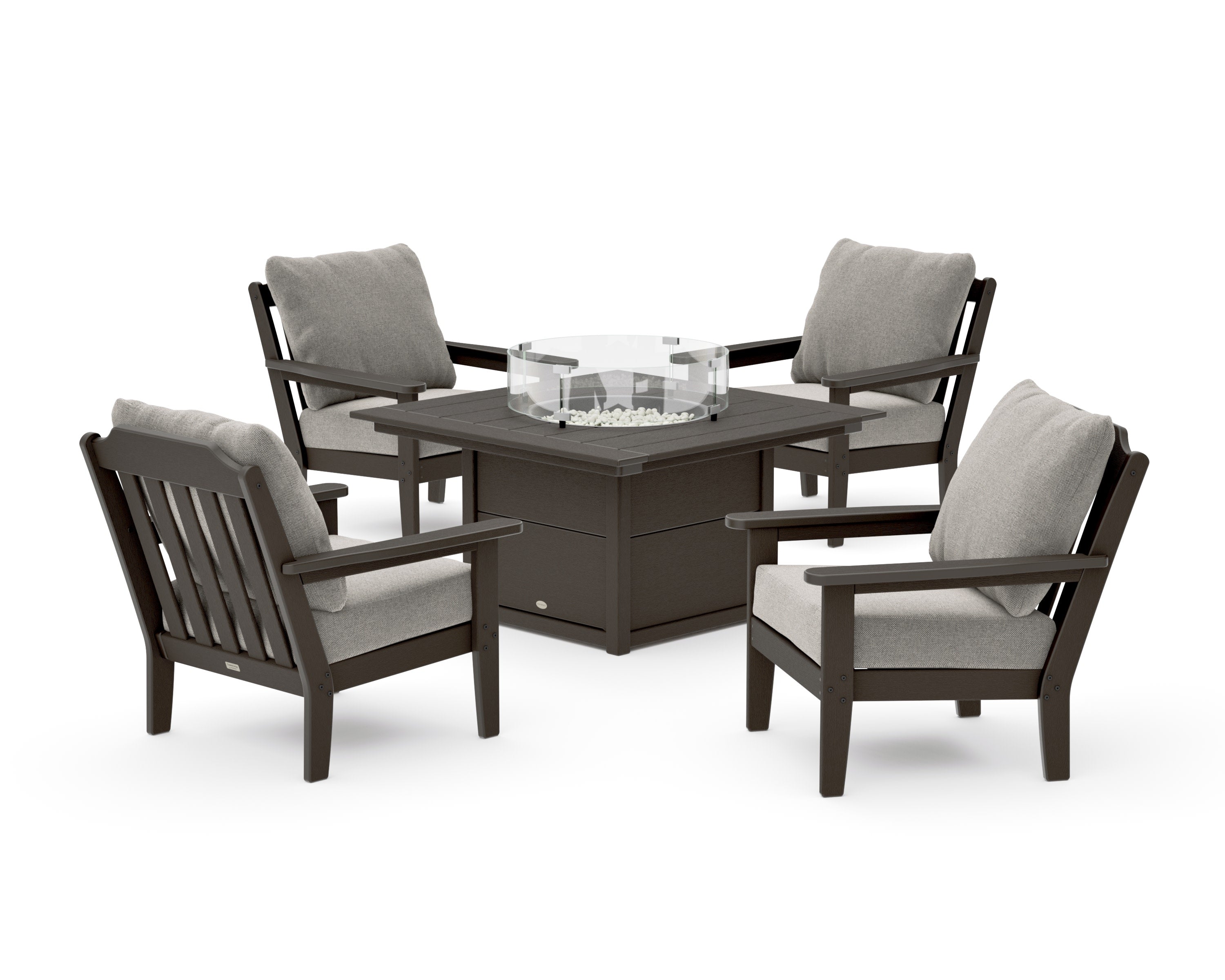 Cottage 5-Piece Deep Seating Set with Fire Pit Table in Vintage Coffee / Weathered Tweed