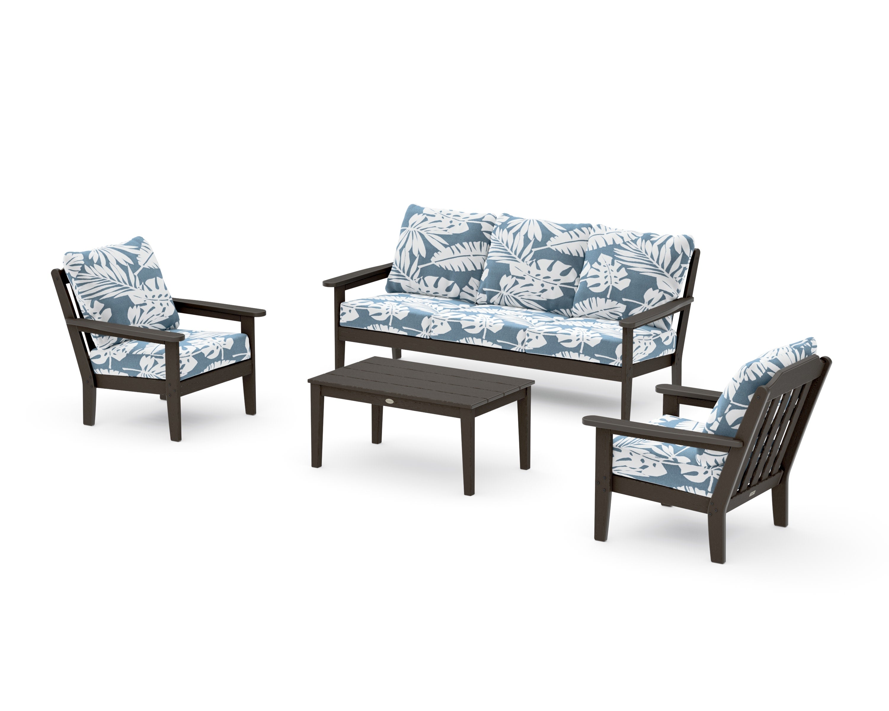 Cottage 4-Piece Deep Seating Set with Sofa in Vintage Coffee / Leaf Sky Blue