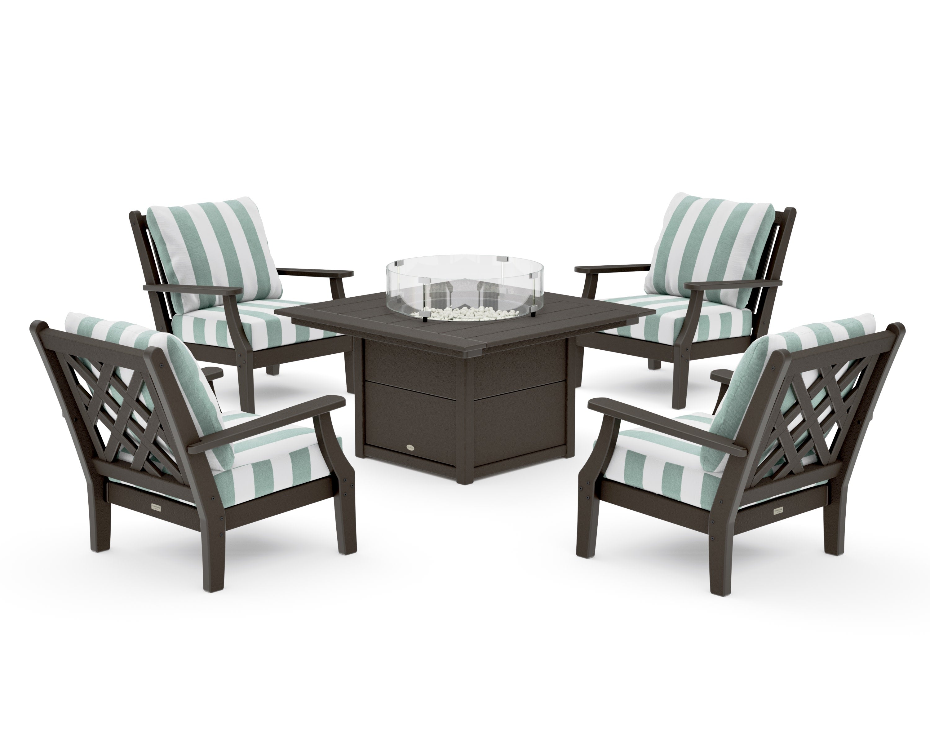 Wovendale 5-Piece Deep Seating Set with Fire Pit Table in Vintage Coffee / Cabana Stripe Glacier Spa