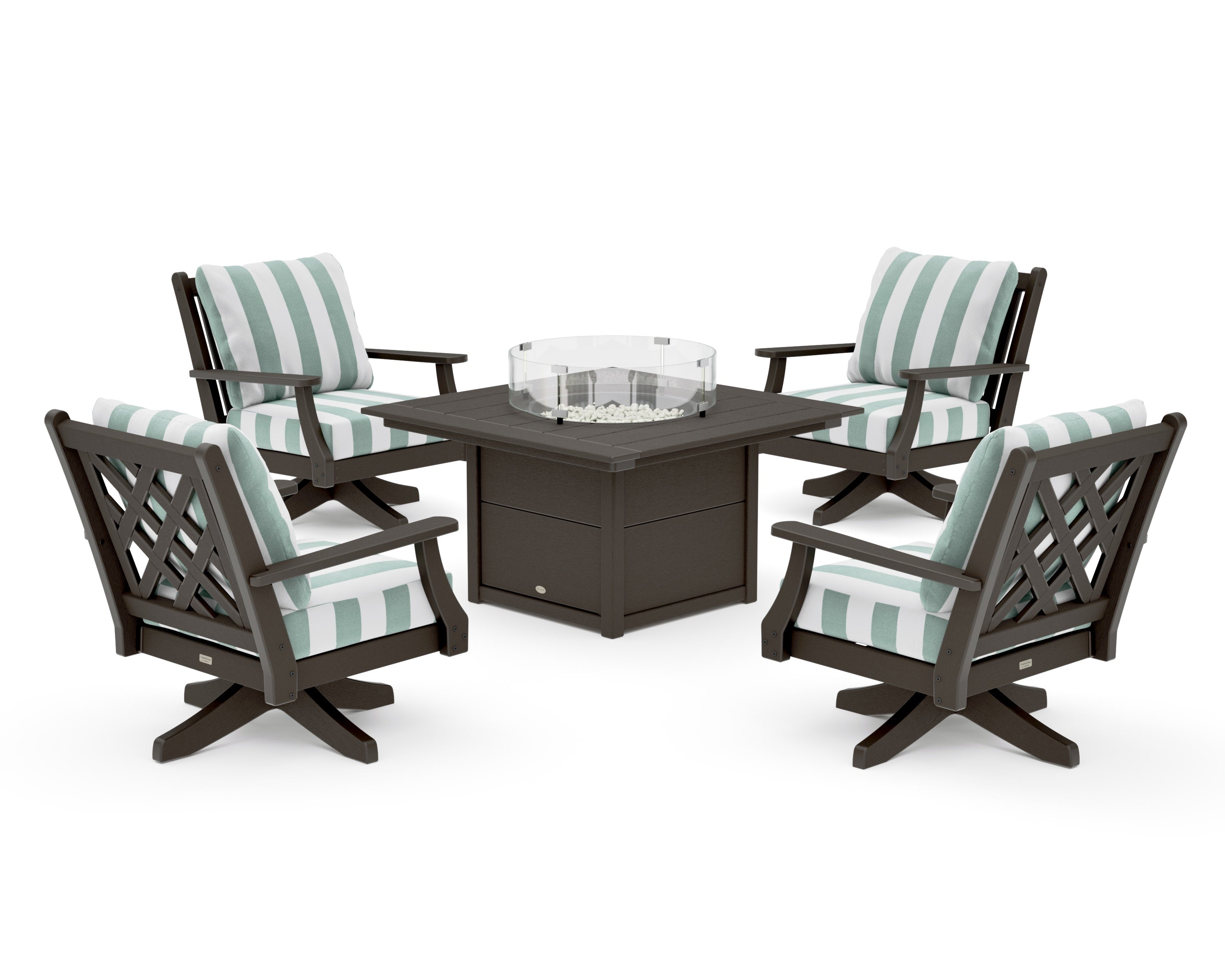 Wovendale 5-Piece Deep Seating Swivel Conversation Set with Fire Pit Table in Vintage Coffee / Cabana Stripe Glacier Spa