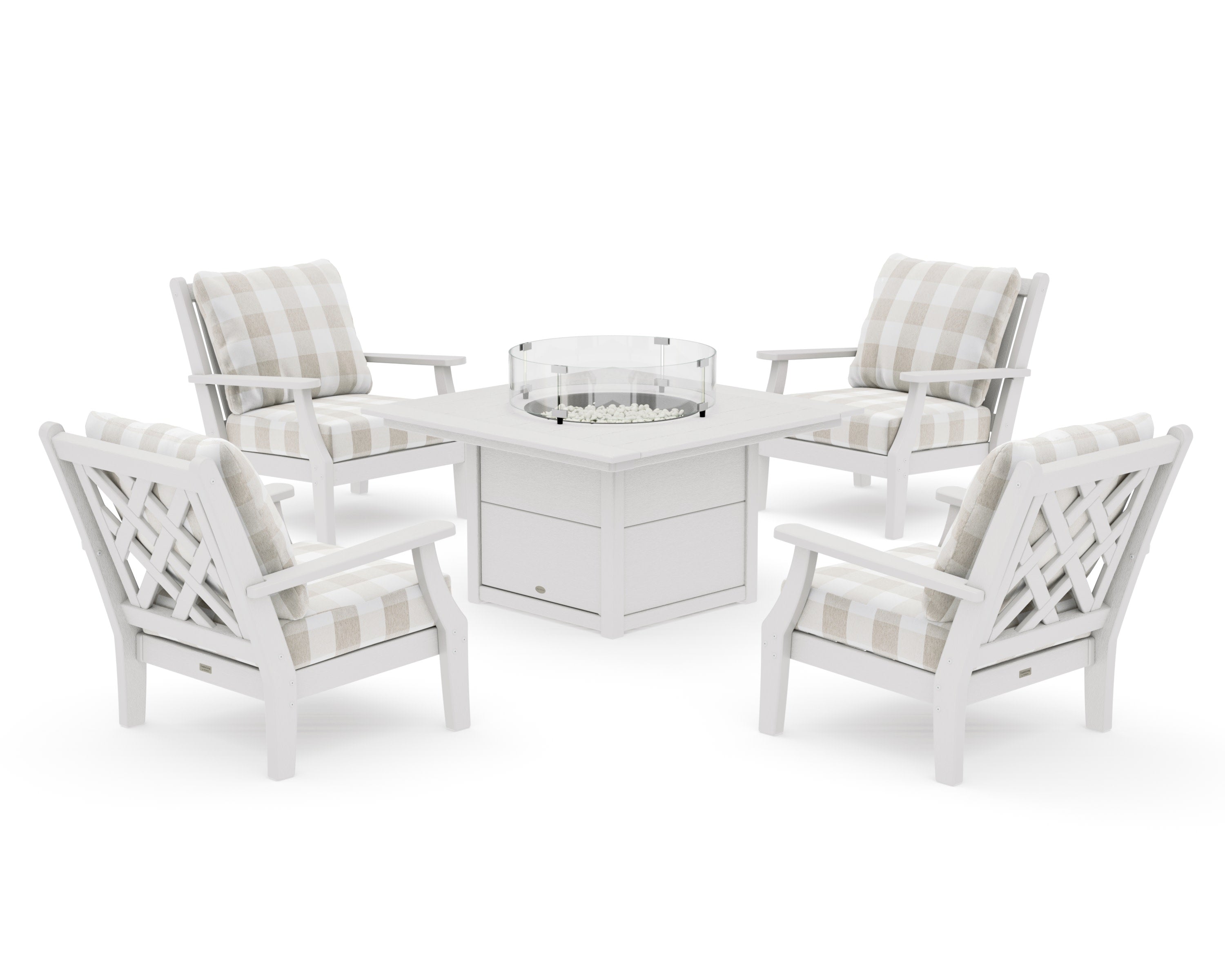 Wovendale 5-Piece Deep Seating Set with Fire Pit Table in Vintage White / Buffalo Plaid Dune Burlap
