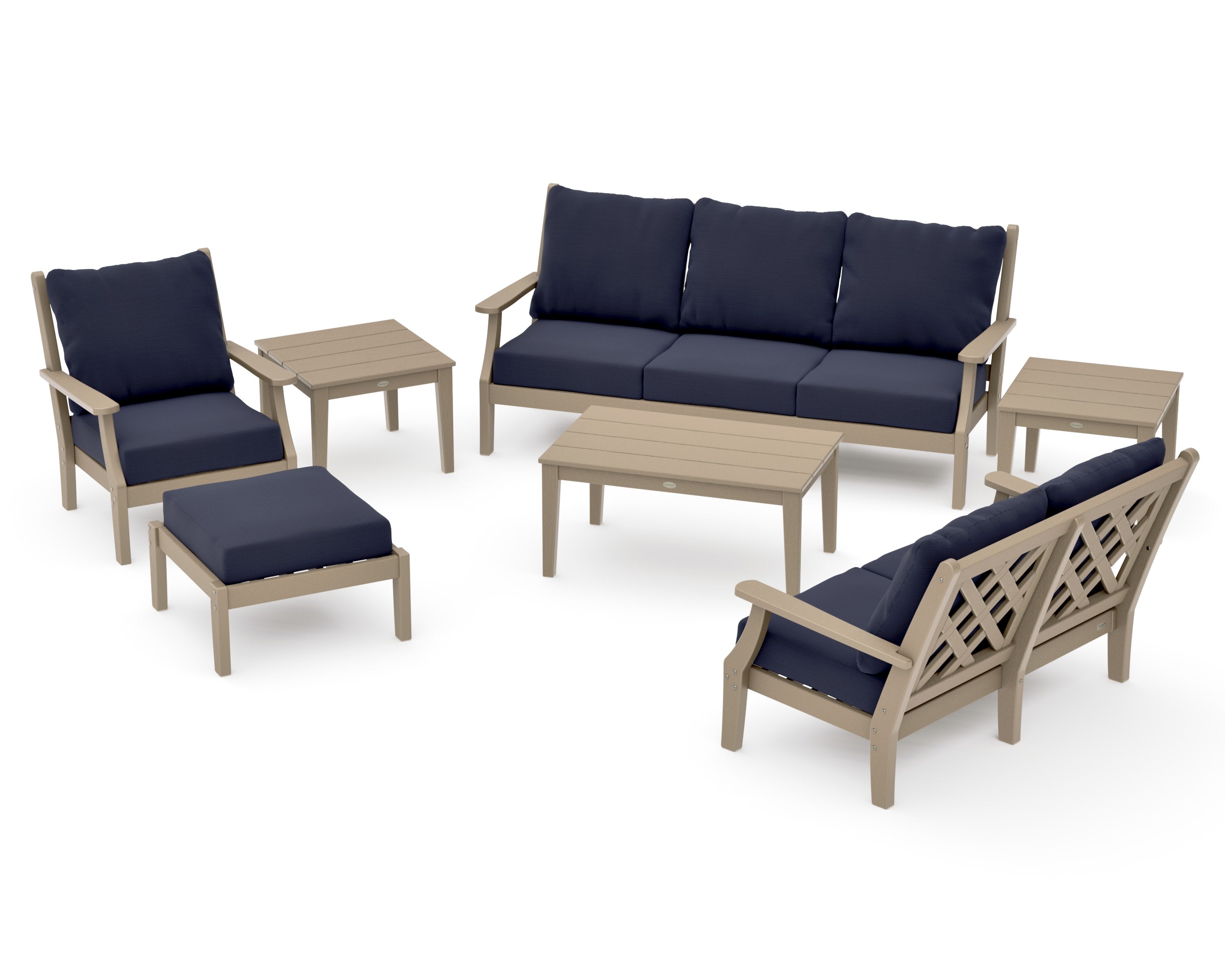 Wovendale 7-Piece Deep Seating Set in Vintage Sahara / Navy Linen