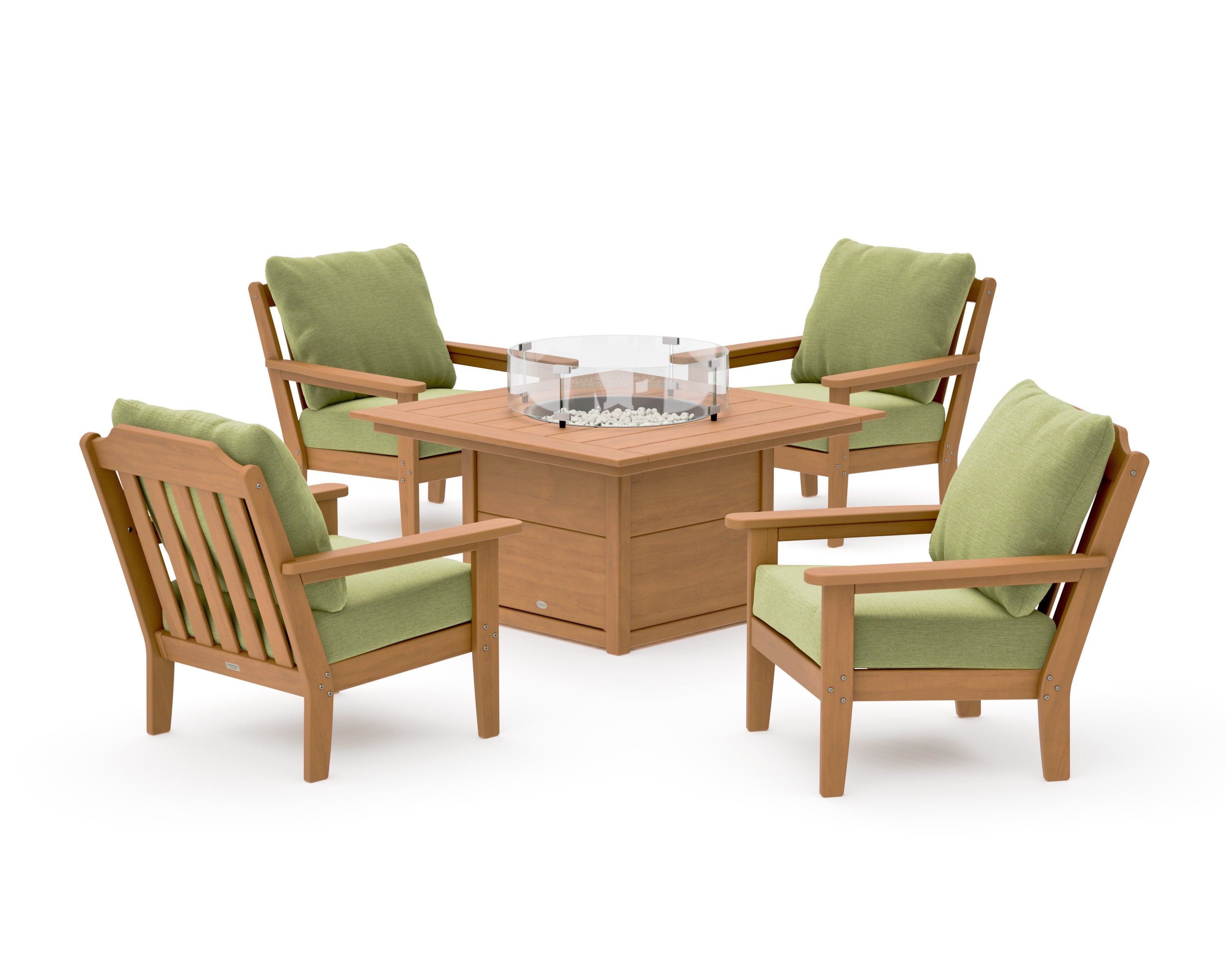 Cottage 5-Piece Deep Seating Set with Fire Pit Table in Natural / Chartreuse Boucle