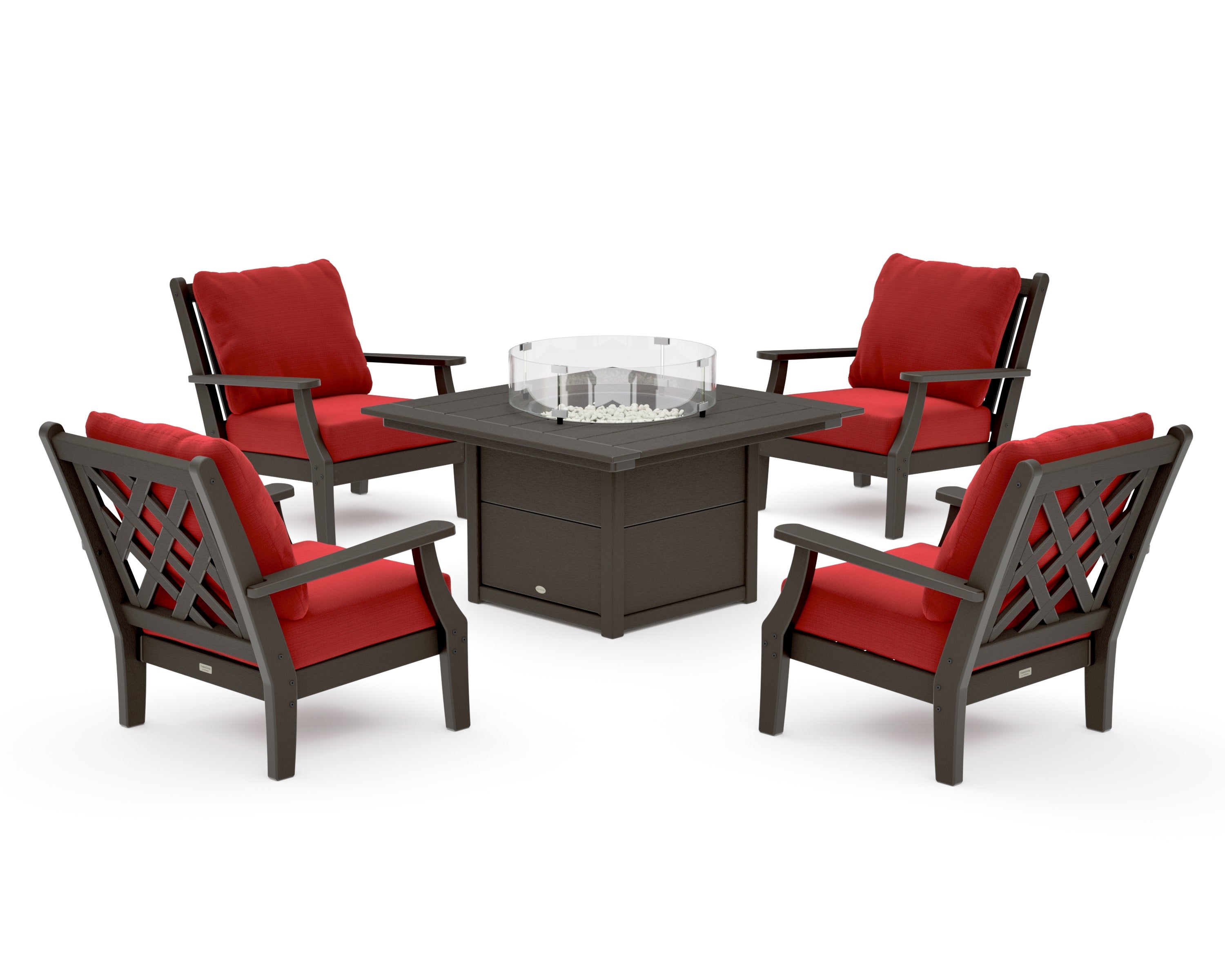 Wovendale 5-Piece Deep Seating Set with Fire Pit Table in Vintage Coffee / Crimson Linen