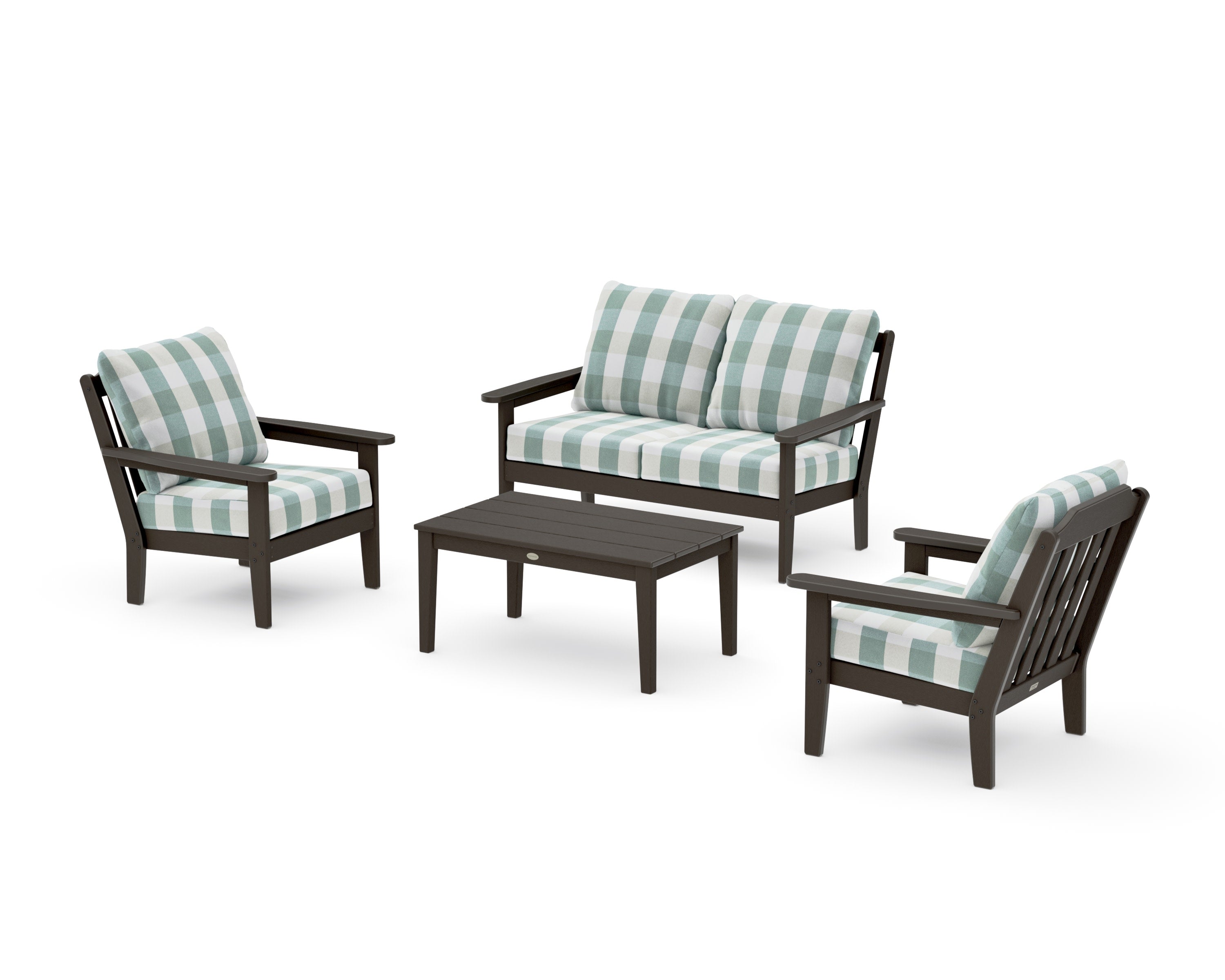 Cottage 4-Piece Deep Seating Set with Loveseat in Vintage Coffee / Buffalo Plaid Glacier Spa