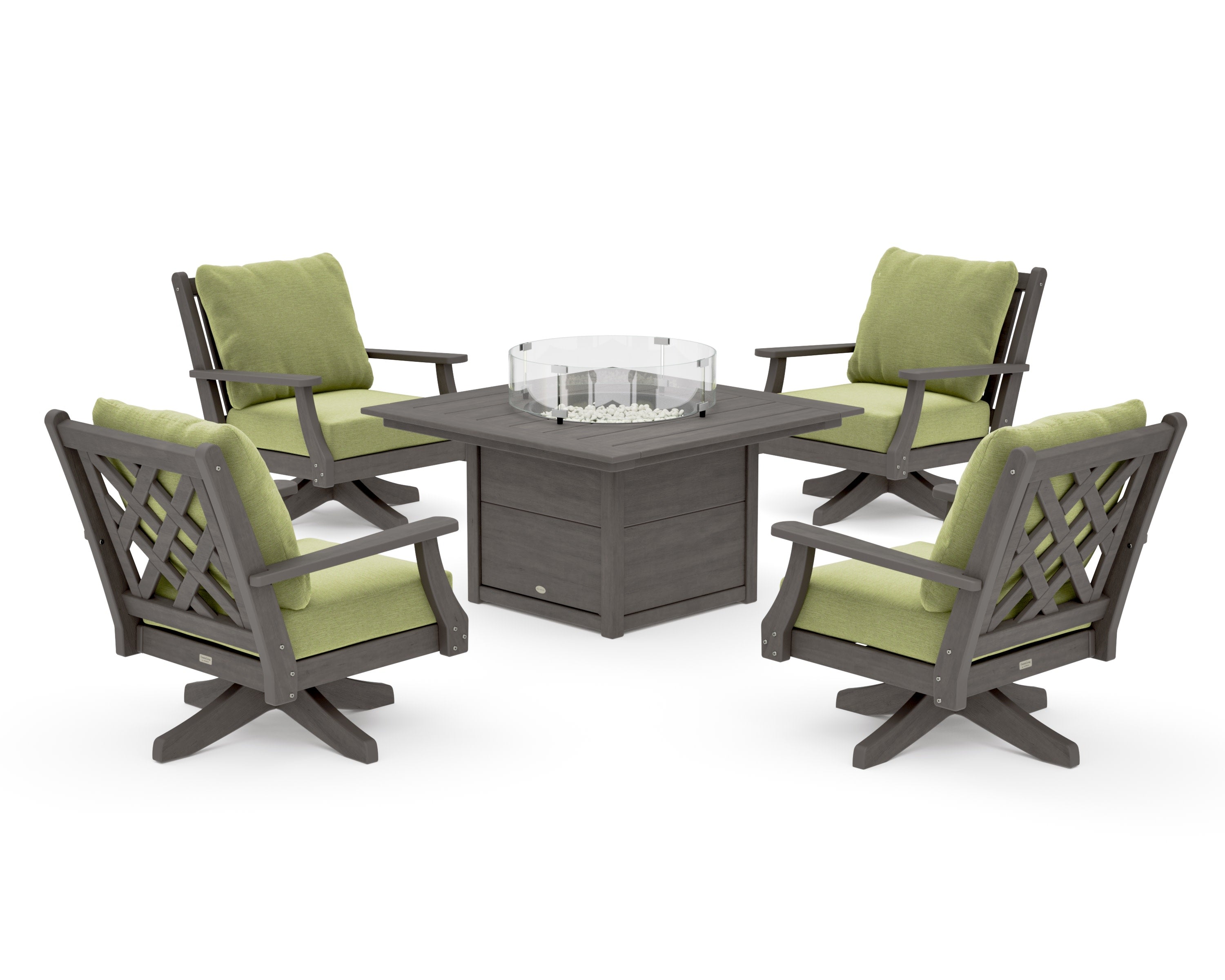 Wovendale 5-Piece Deep Seating Swivel Conversation Set with Fire Pit Table in Driftwood / Chartreuse Boucle