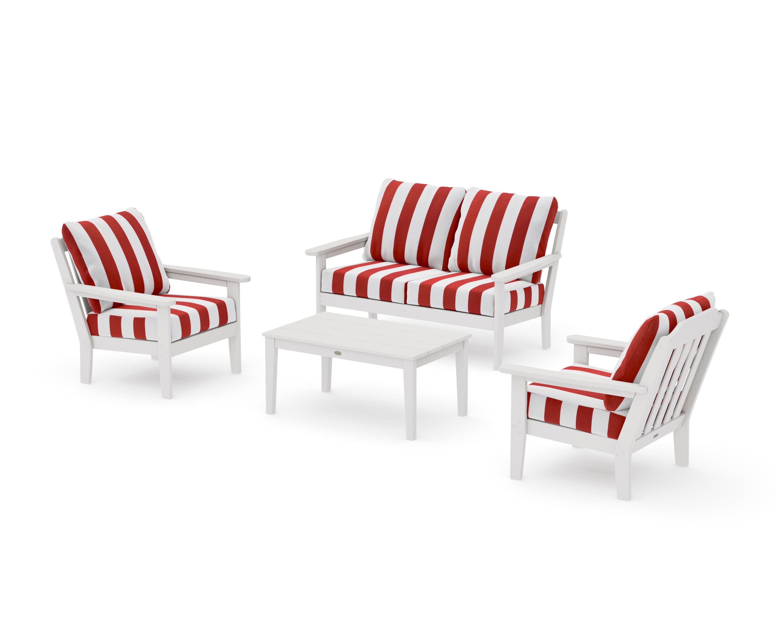 Cottage 4-Piece Deep Seating Set with Loveseat in Vintage White / Cabana Stripe Crimson