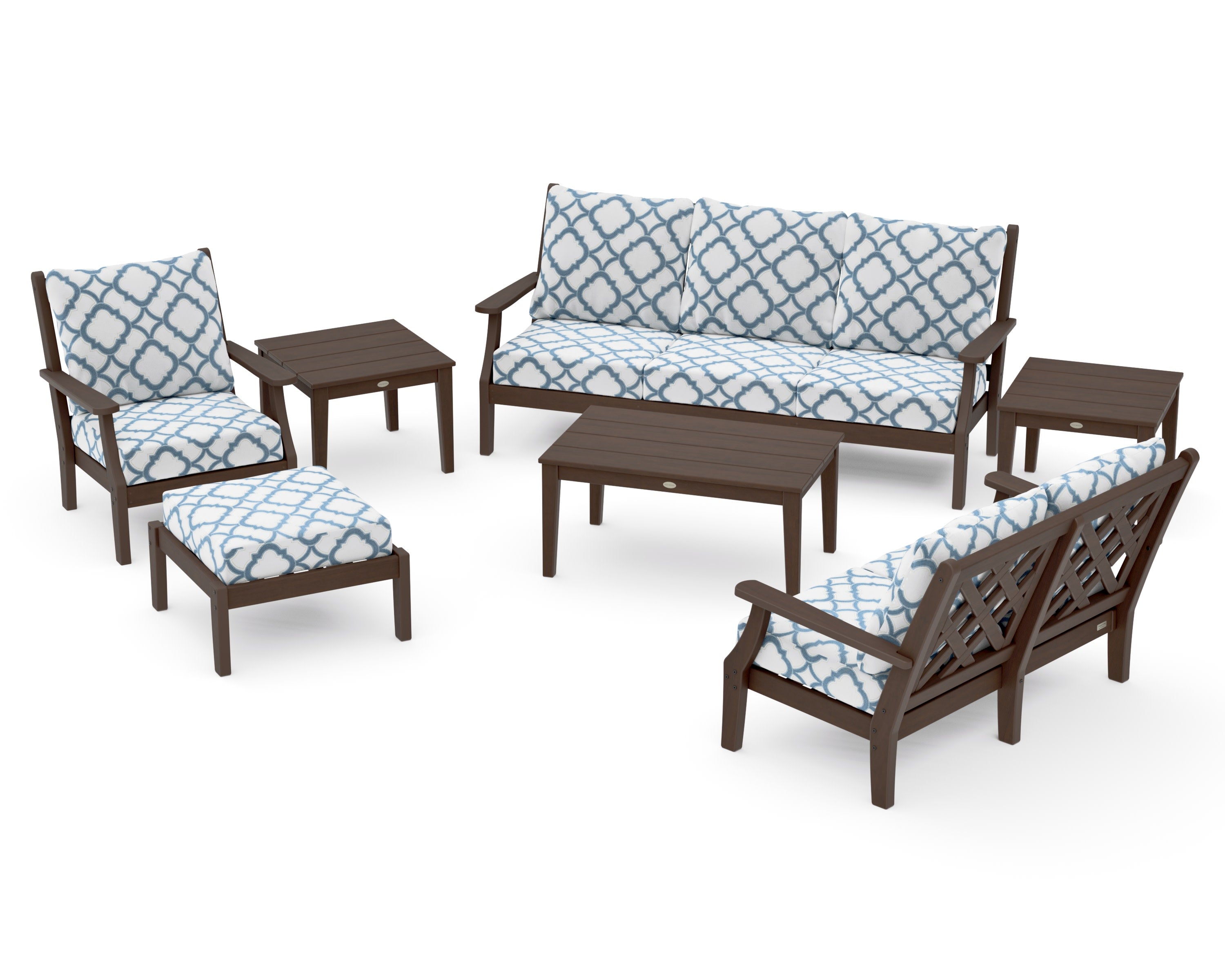 Wovendale 7-Piece Deep Seating Set in Kona / Trellis Sky Blue