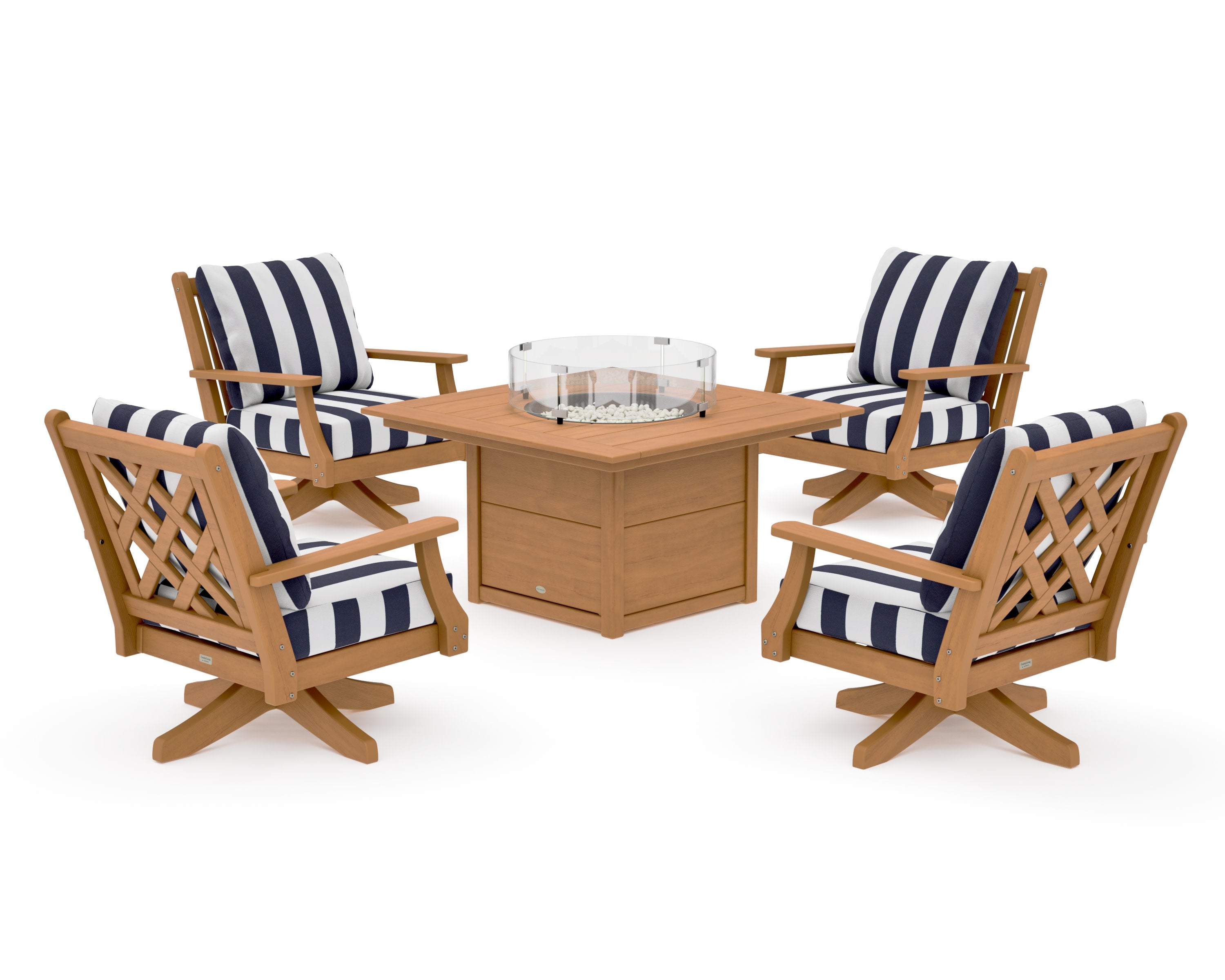 Wovendale 5-Piece Deep Seating Swivel Conversation Set with Fire Pit Table in Natural / Cabana Stripe Navy