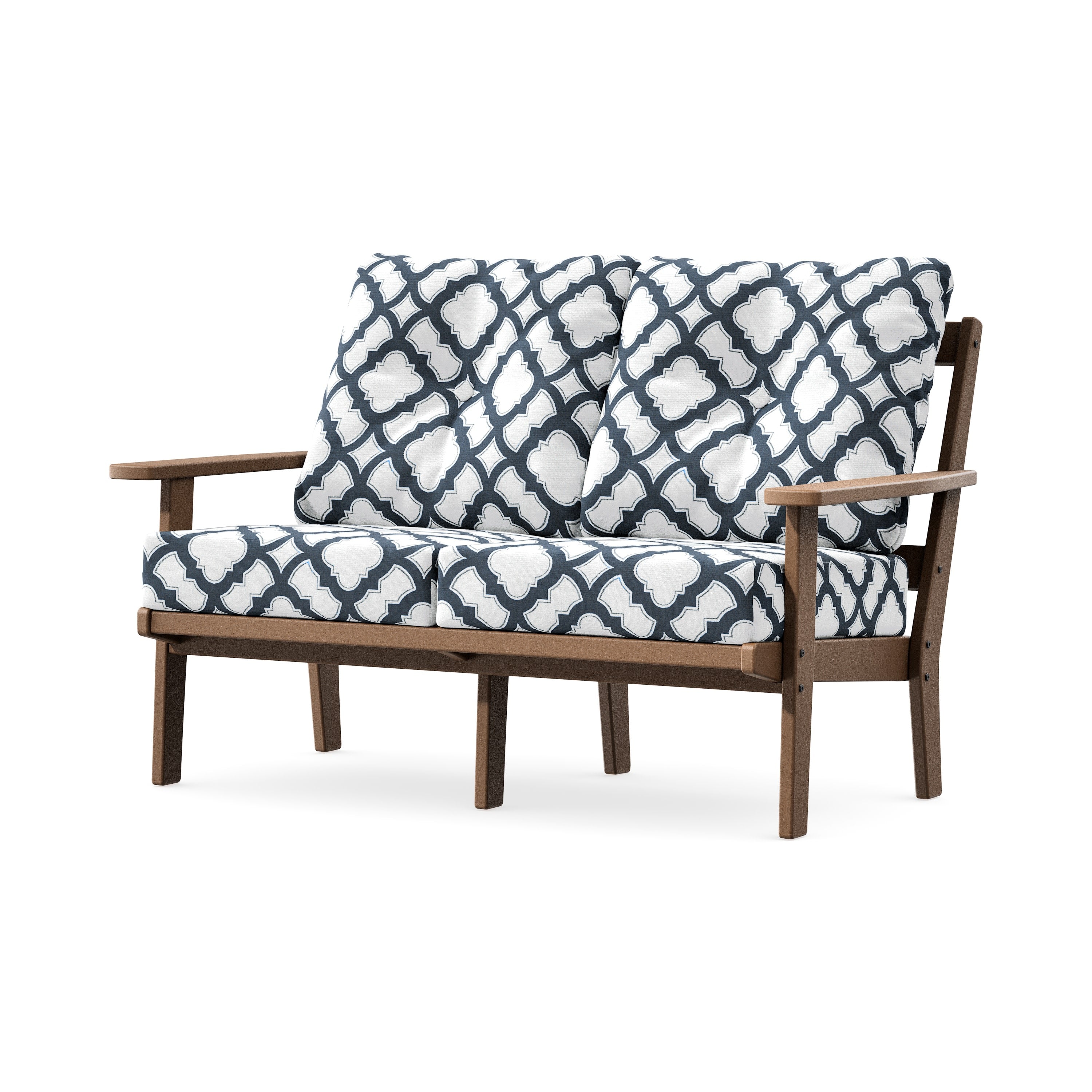 Prairie Deep SeatingLoveseat in Teak / Trellis Marine Indigo