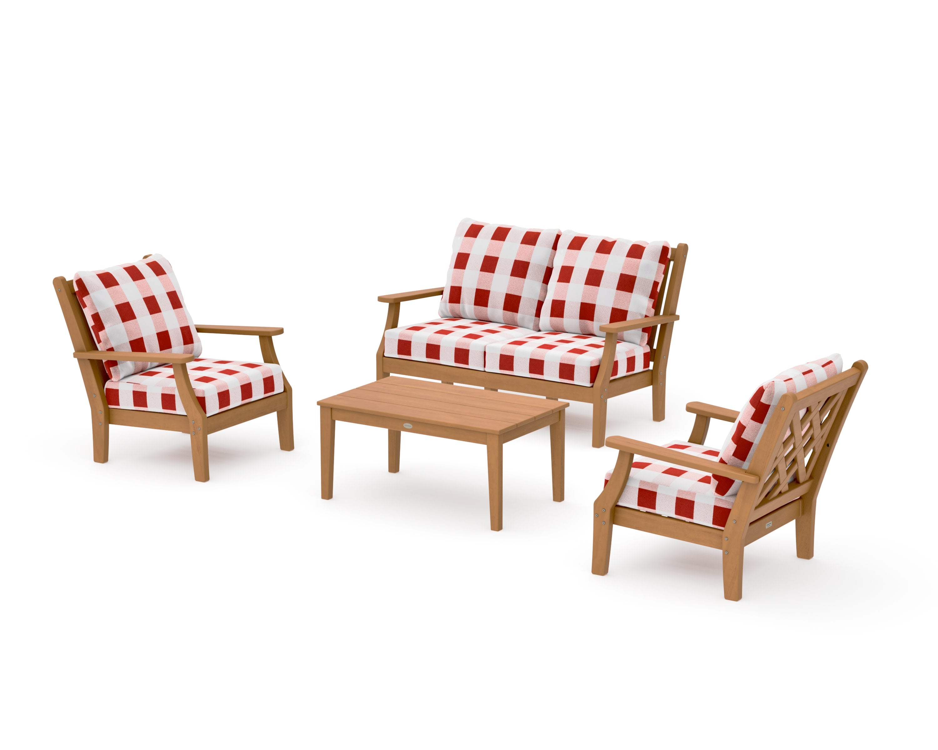 Wovendale 4-Piece Deep Seating Set with Loveseat in Natural / Buffalo Plaid Crimson