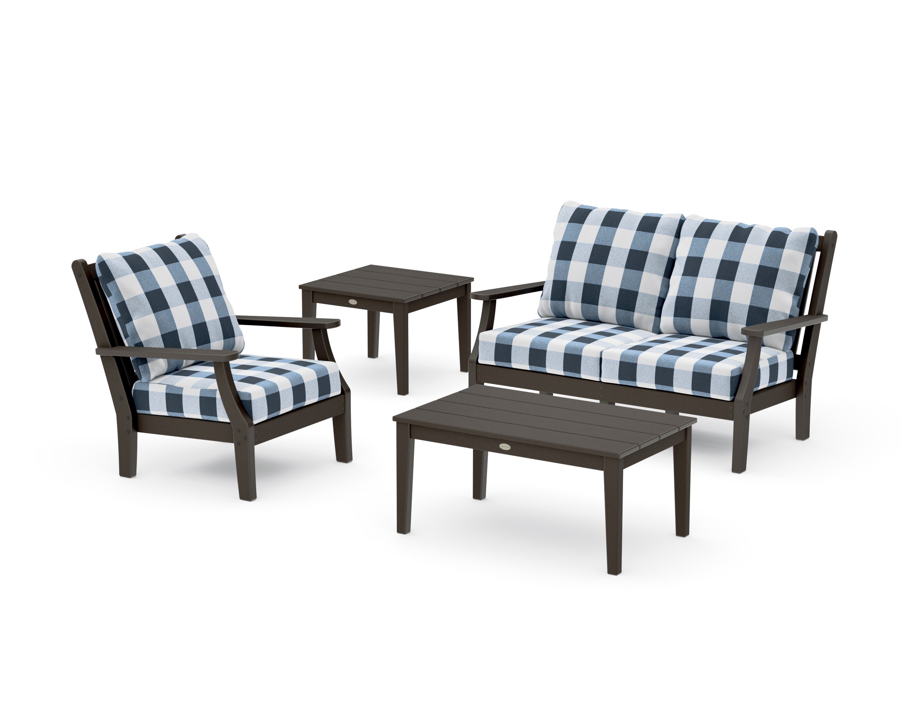 Wovendale 4-Piece Deep Seating Set in Vintage Coffee / Buffalo Plaid Marine Indigo
