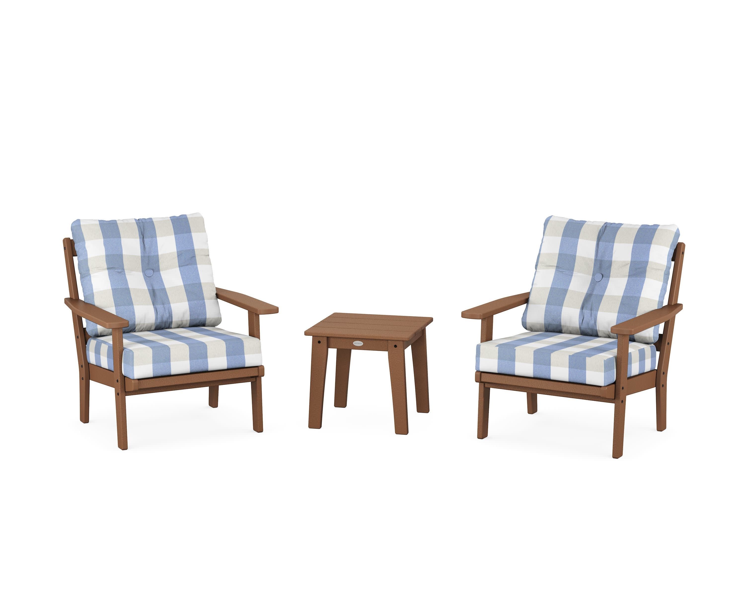 Prairie 3-Piece Deep Seating Set in Teak / Buffalo Plaid Sky Blue
