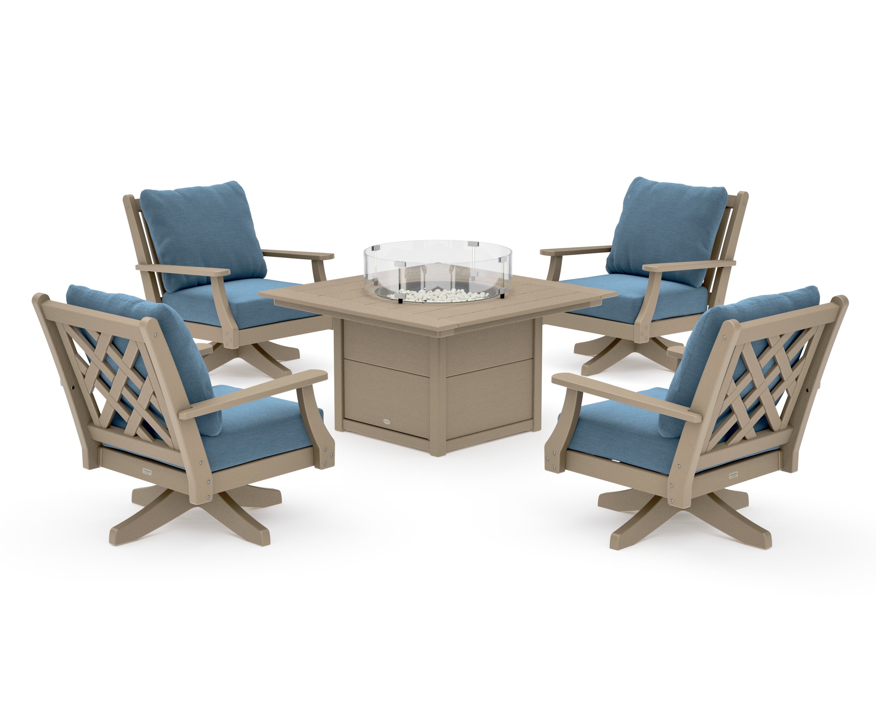 Wovendale 5-Piece Deep Seating Swivel Conversation Set with Fire Pit Table in Vintage Sahara / Sky Blue