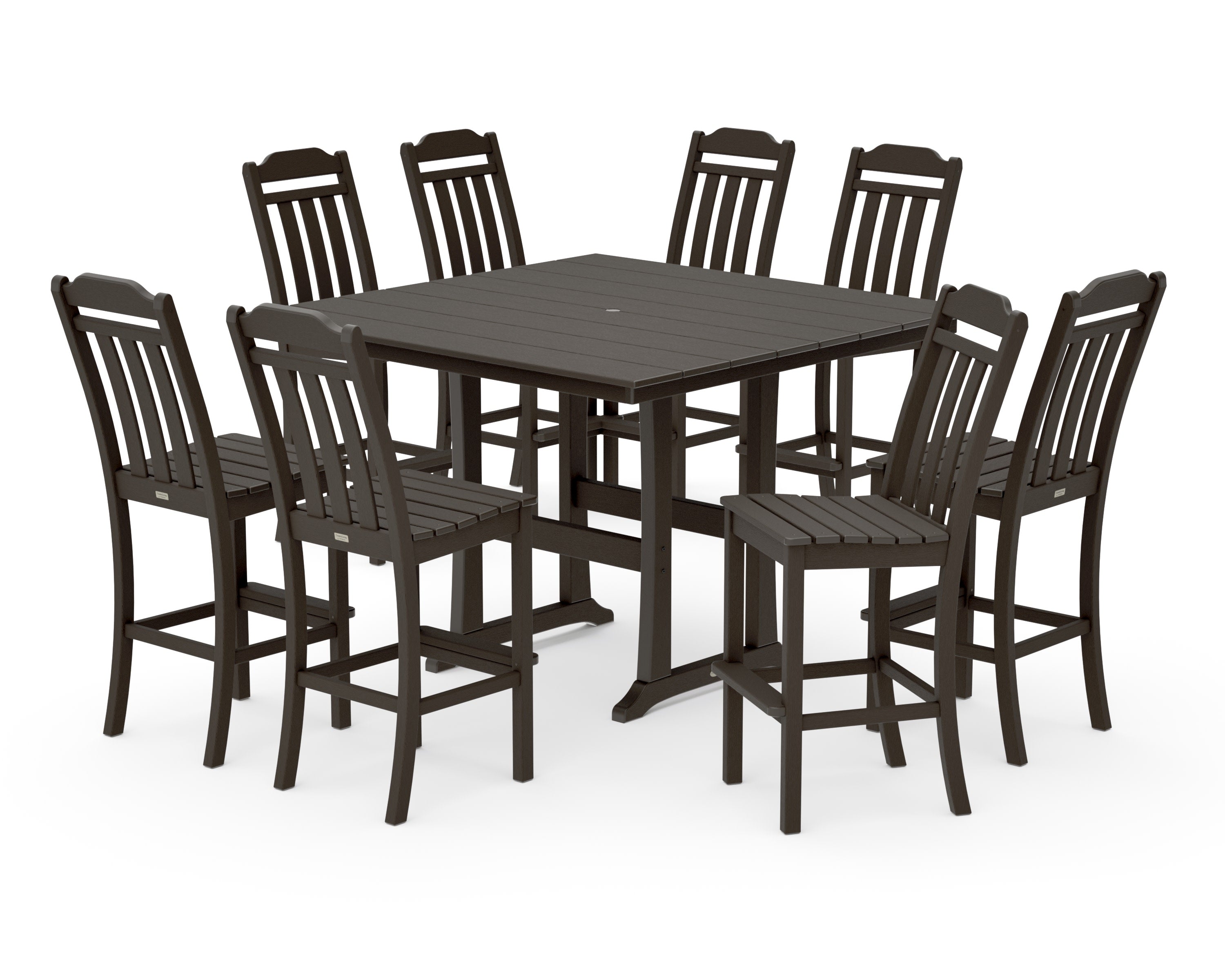 Cottage 9-Piece Square Farmhouse Side Chair Bar Set with Trestle Legs in Vintage Coffee