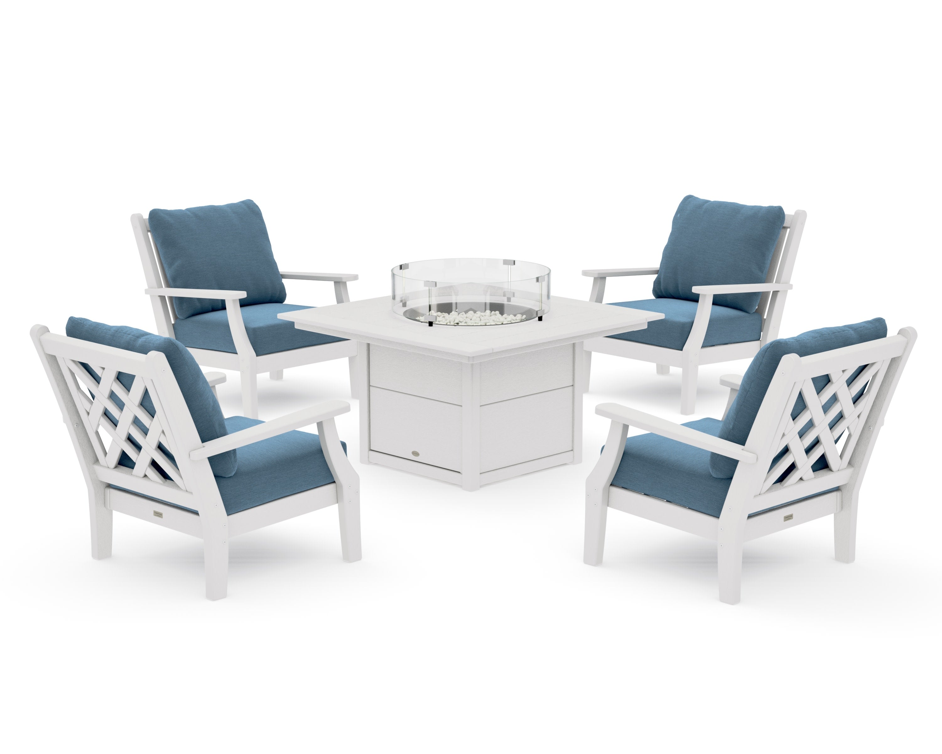 Wovendale 5-Piece Deep Seating Set with Fire Pit Table in Vintage White / Sky Blue