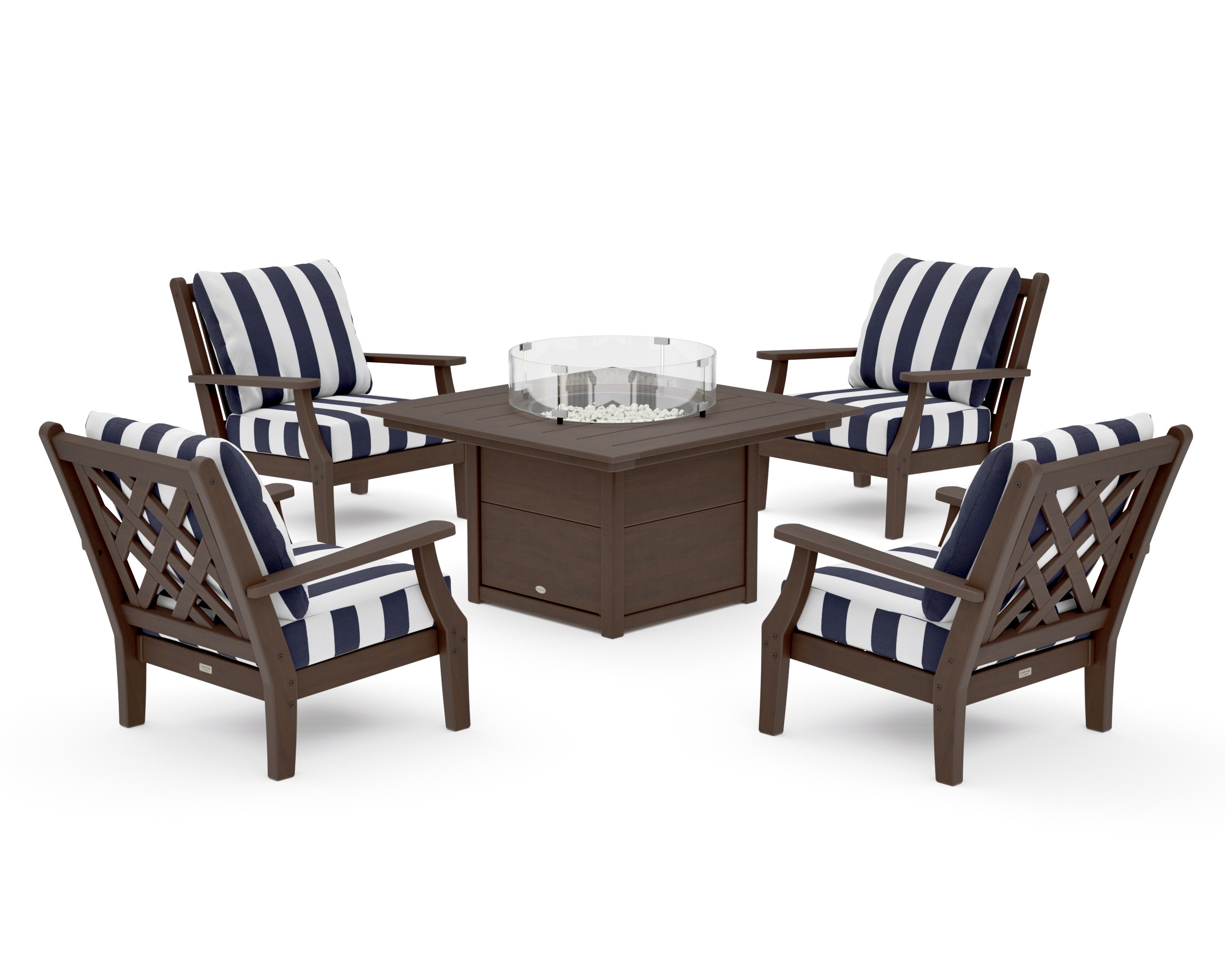 Wovendale 5-Piece Deep Seating Set with Fire Pit Table in Kona / Cabana Stripe Navy