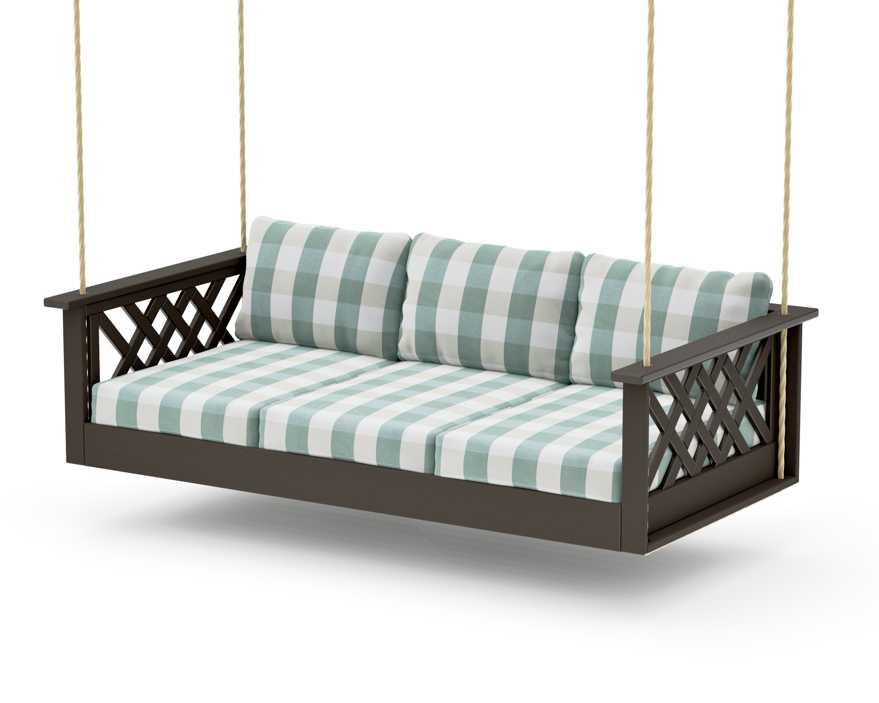 Wovendale Daybed Swing in Vintage Coffee / Buffalo Plaid Glacier Spa