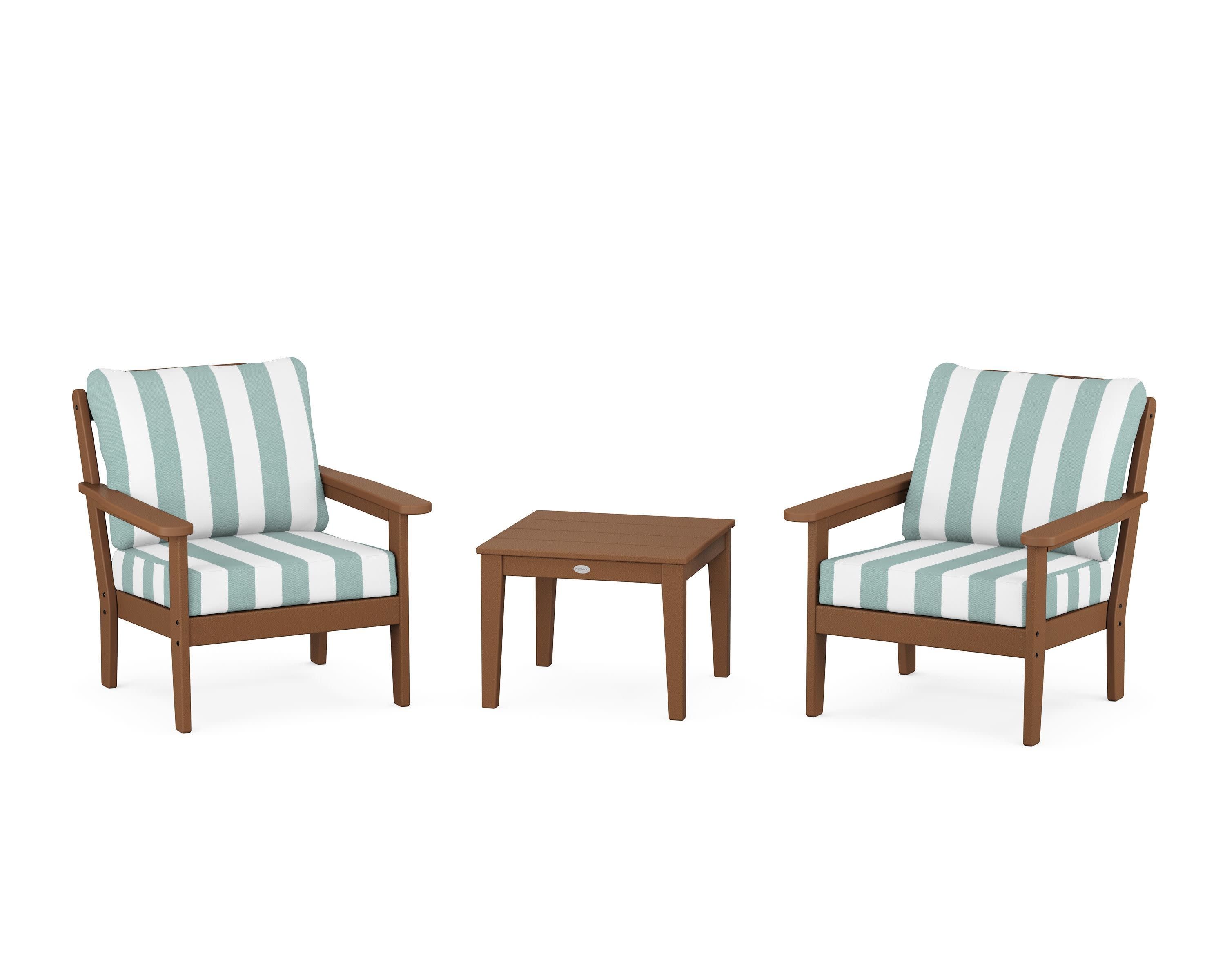 Cottage 3-Piece Deep Seating Set in Teak / Cabana Stripe Glacier Spa