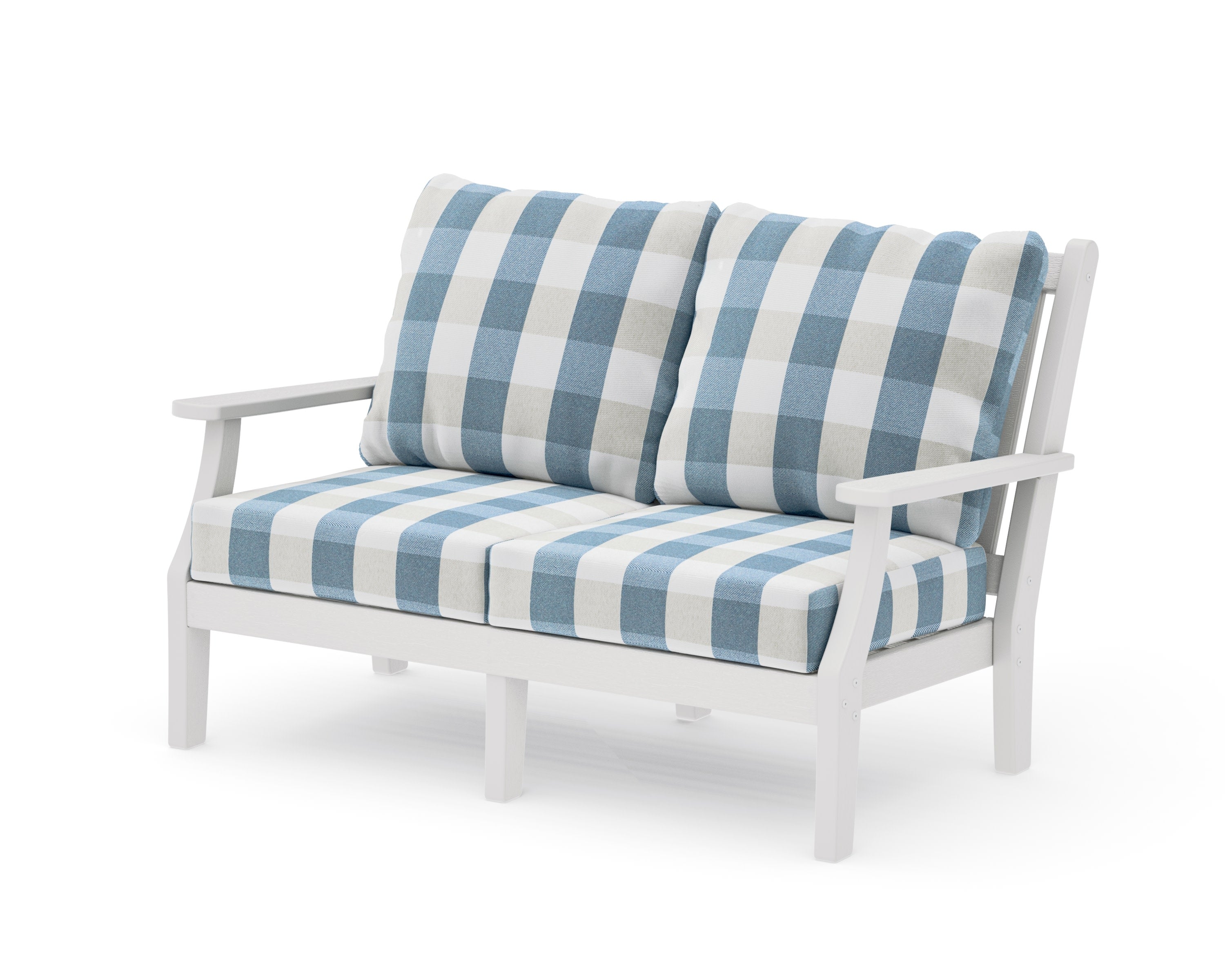 Wovendale Deep Seating Loveseat in Vintage White / Buffalo Plaid Sky Blue