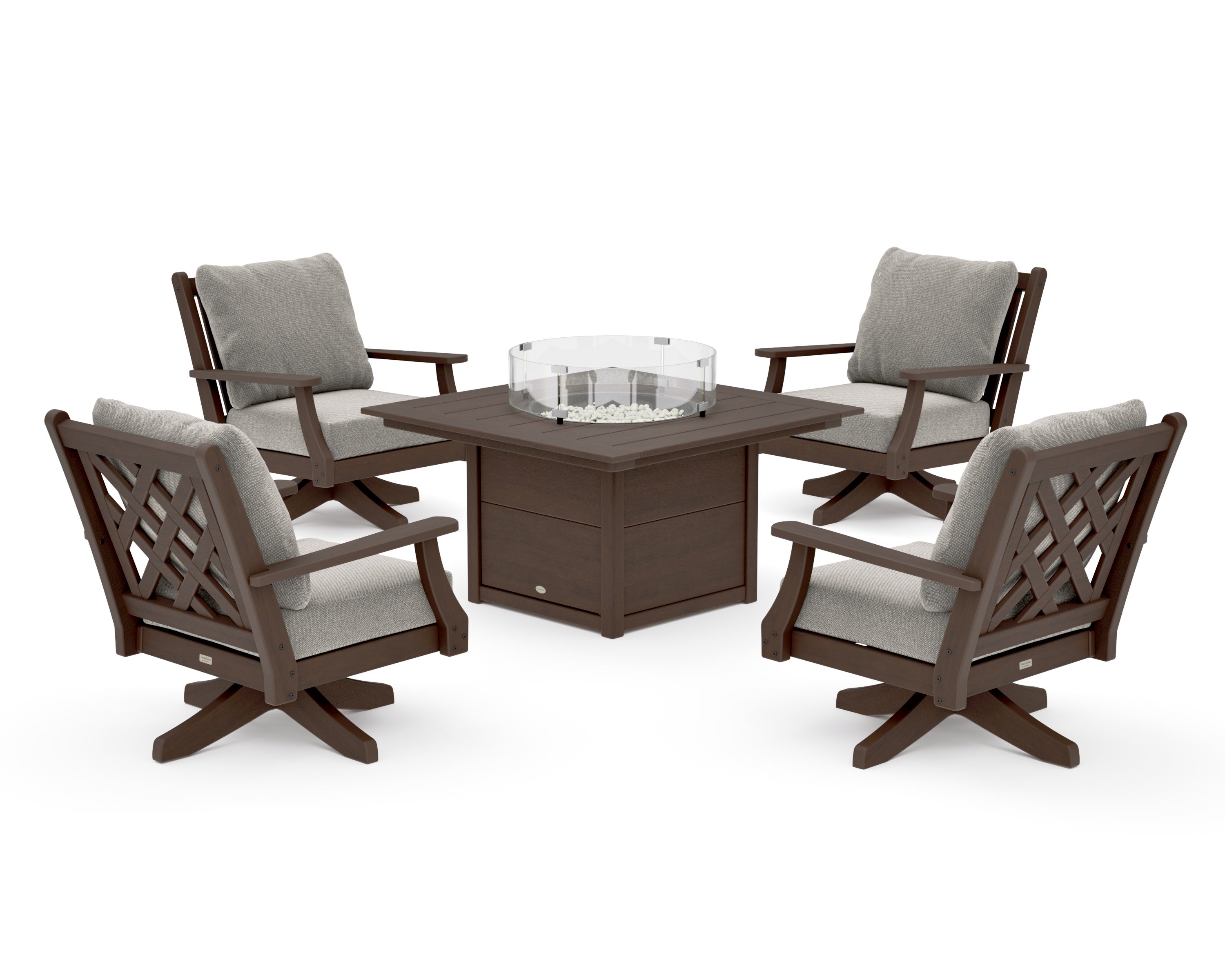 Wovendale 5-Piece Deep Seating Swivel Conversation Set with Fire Pit Table in Kona / Weathered Tweed