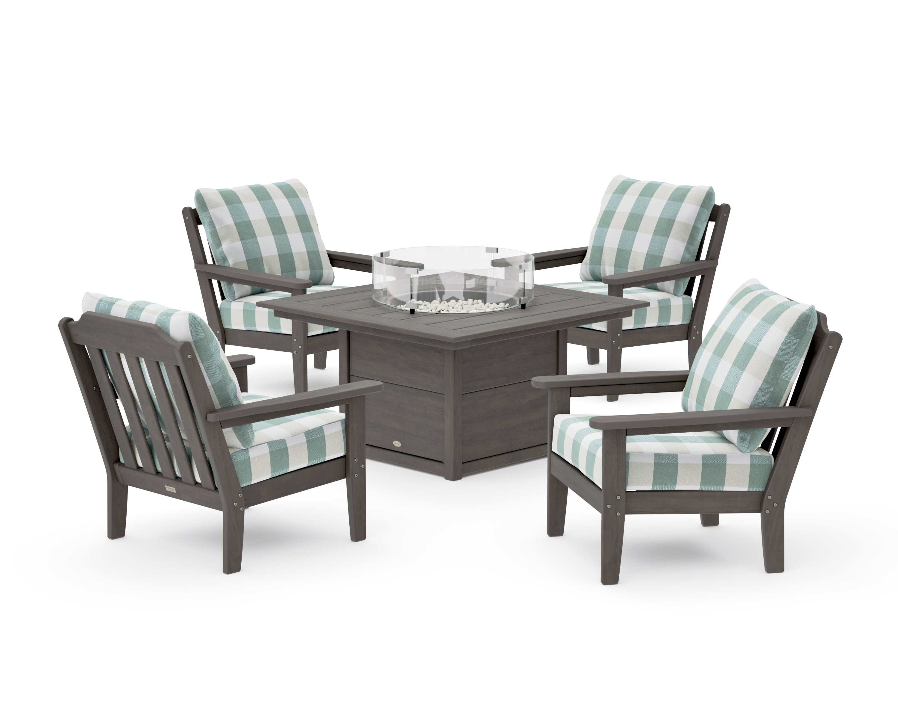 Cottage 5-Piece Deep Seating Set with Fire Pit Table in Driftwood / Buffalo Plaid Glacier Spa