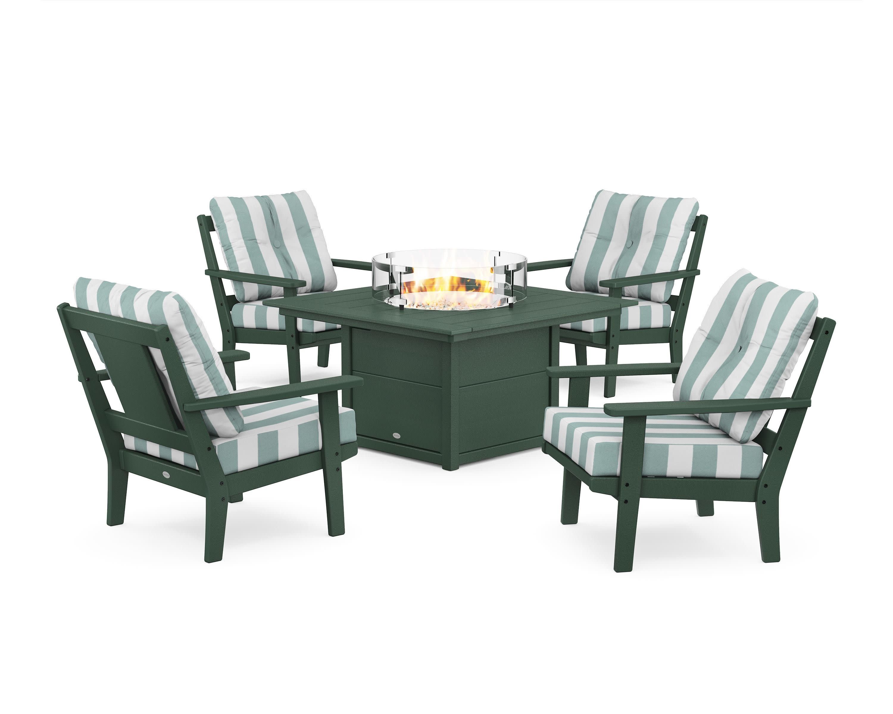 Prairie 5-Piece Deep Seating Set with Fire Pit Table in Green / Cabana Stripe Glacier Spa