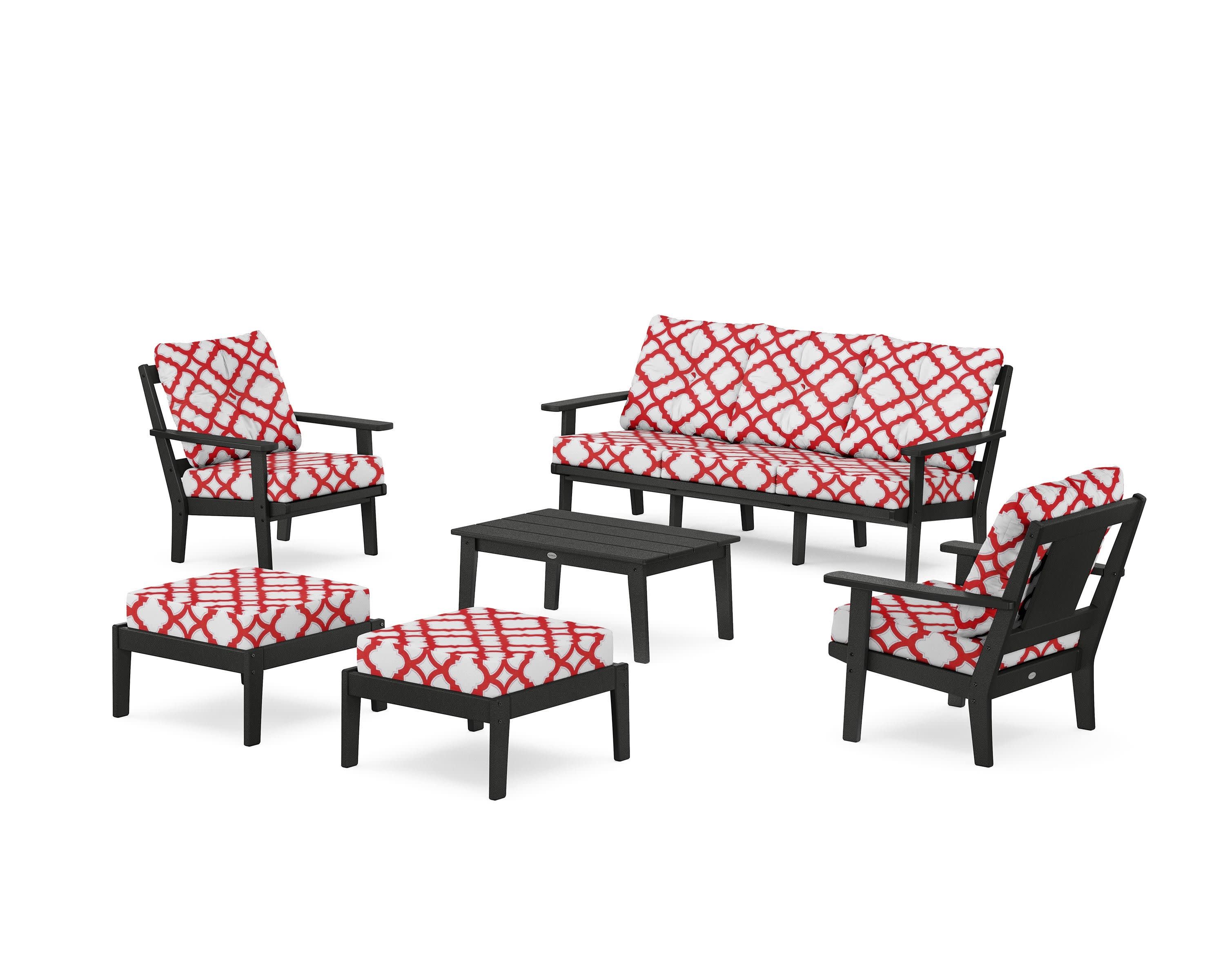 Prairie 6-Piece Lounge Sofa Set in Black / Trellis Crimson
