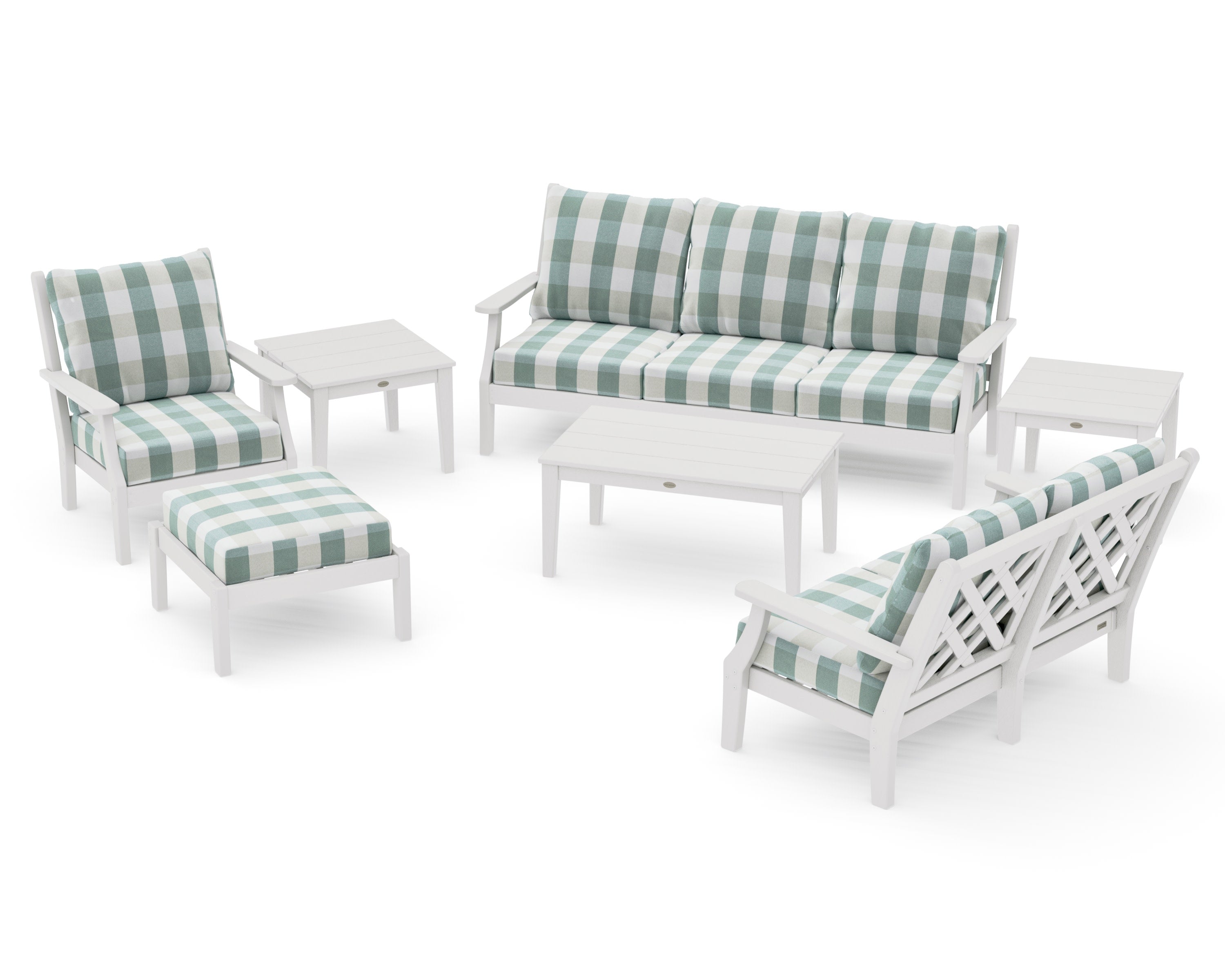 Wovendale 7-Piece Deep Seating Set in Vintage White / Buffalo Plaid Glacier Spa