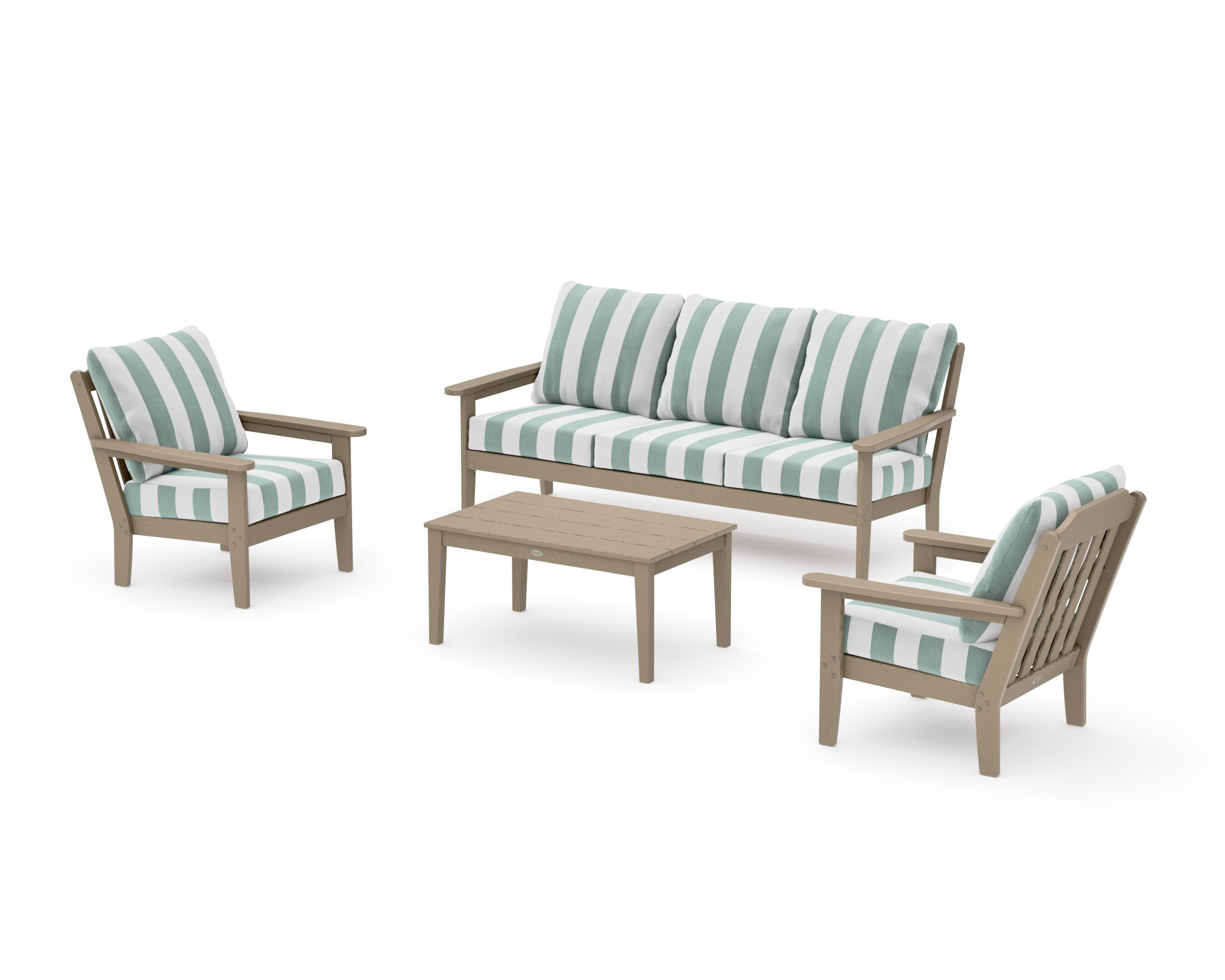 Cottage 4-Piece Deep Seating Set with Sofa in Vintage Sahara / Cabana Stripe Glacier Spa