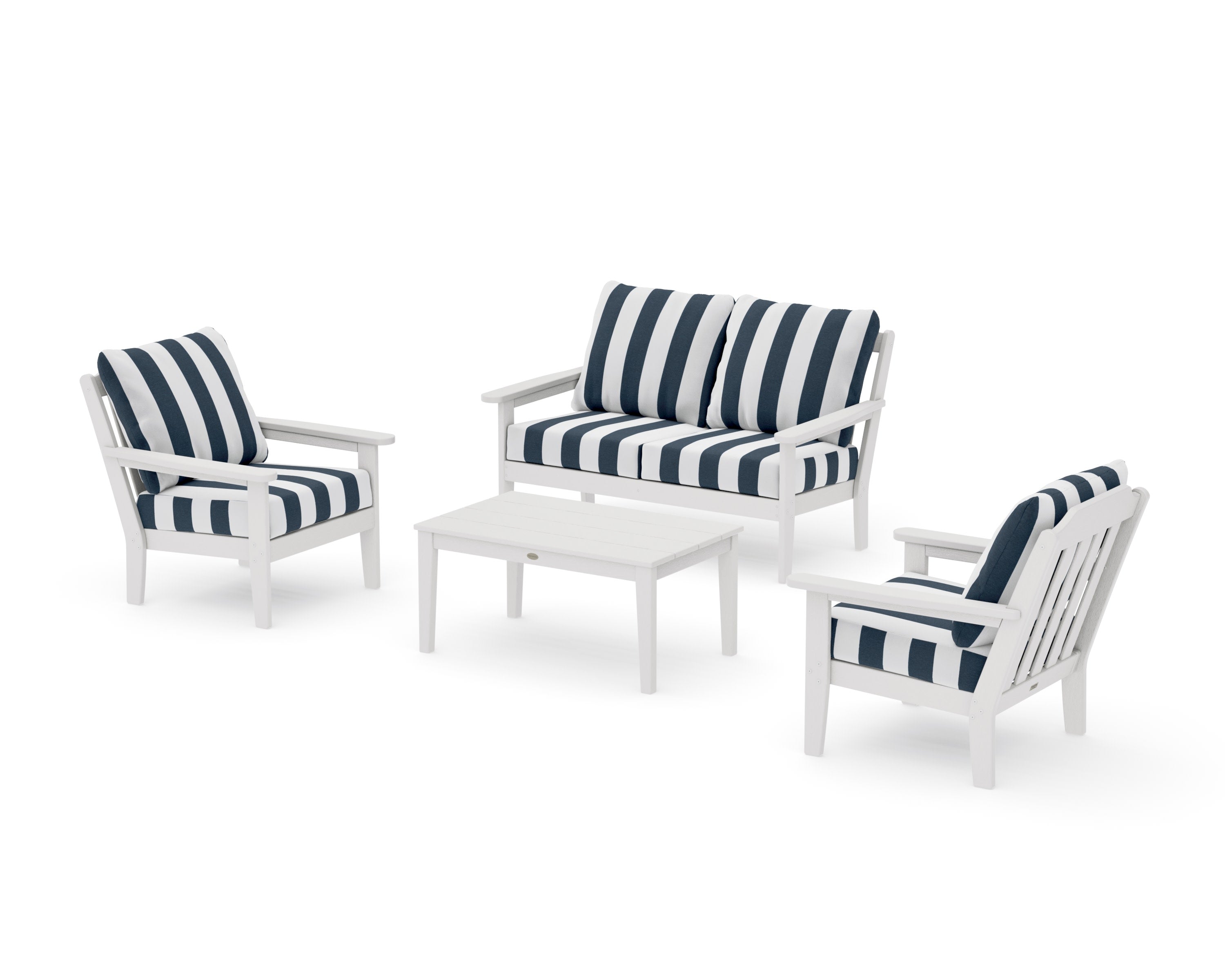 Cottage 4-Piece Deep Seating Set with Loveseat in Vintage White / Cabana Stripe Marine Indigo